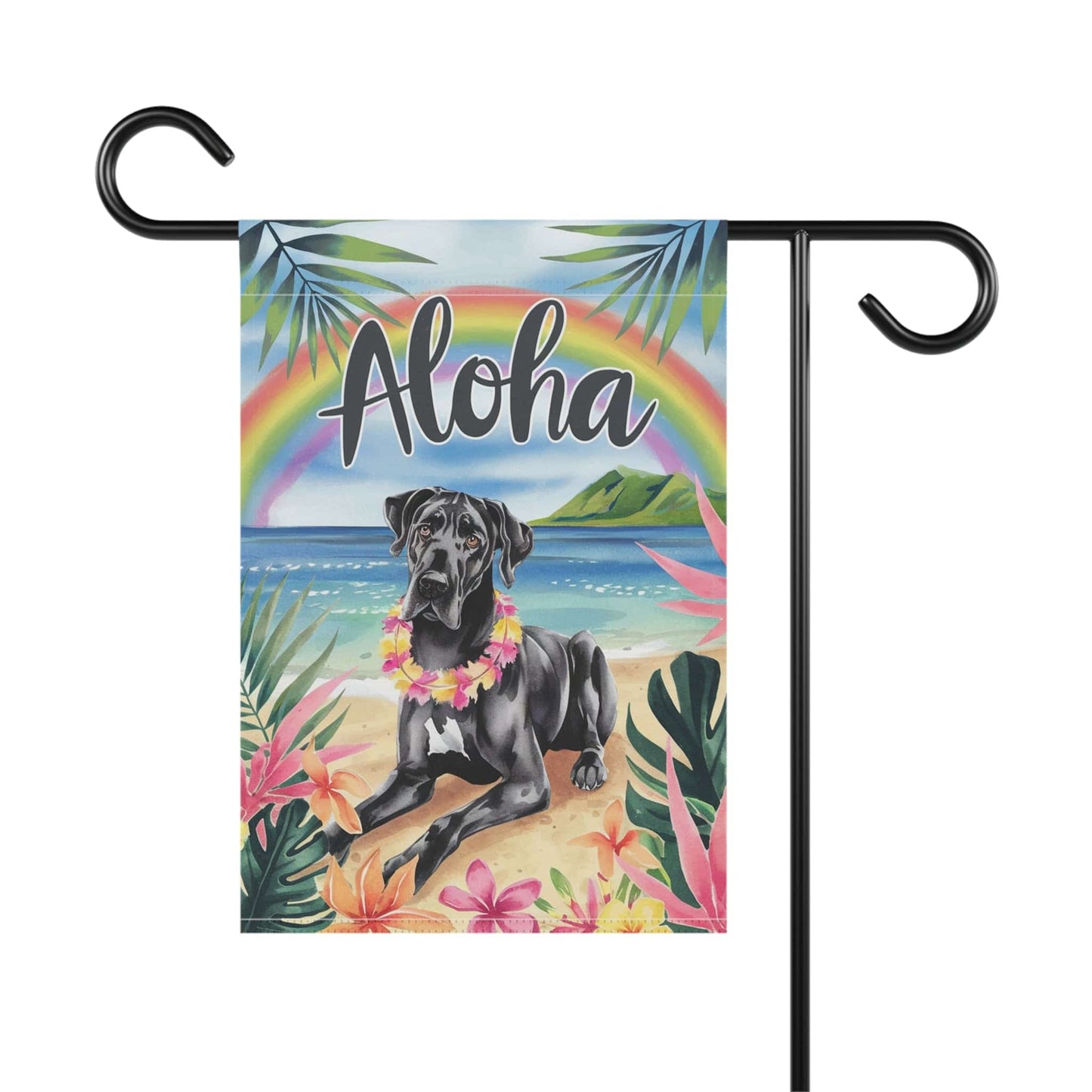 Printify Garden Flag Black Great Dane Aloha Luau Garden Decor
