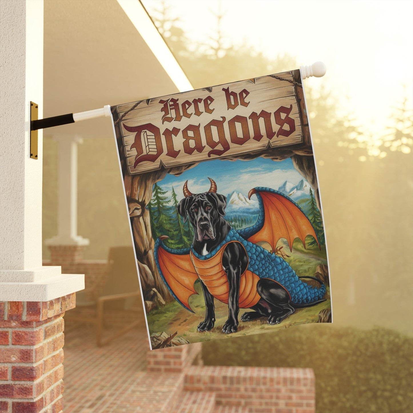 Printify Home Decor Black Great Dane Dog Dragon, Garden Flag, Pet Adventure, Yard Spring Decor, Housewarming Halloween