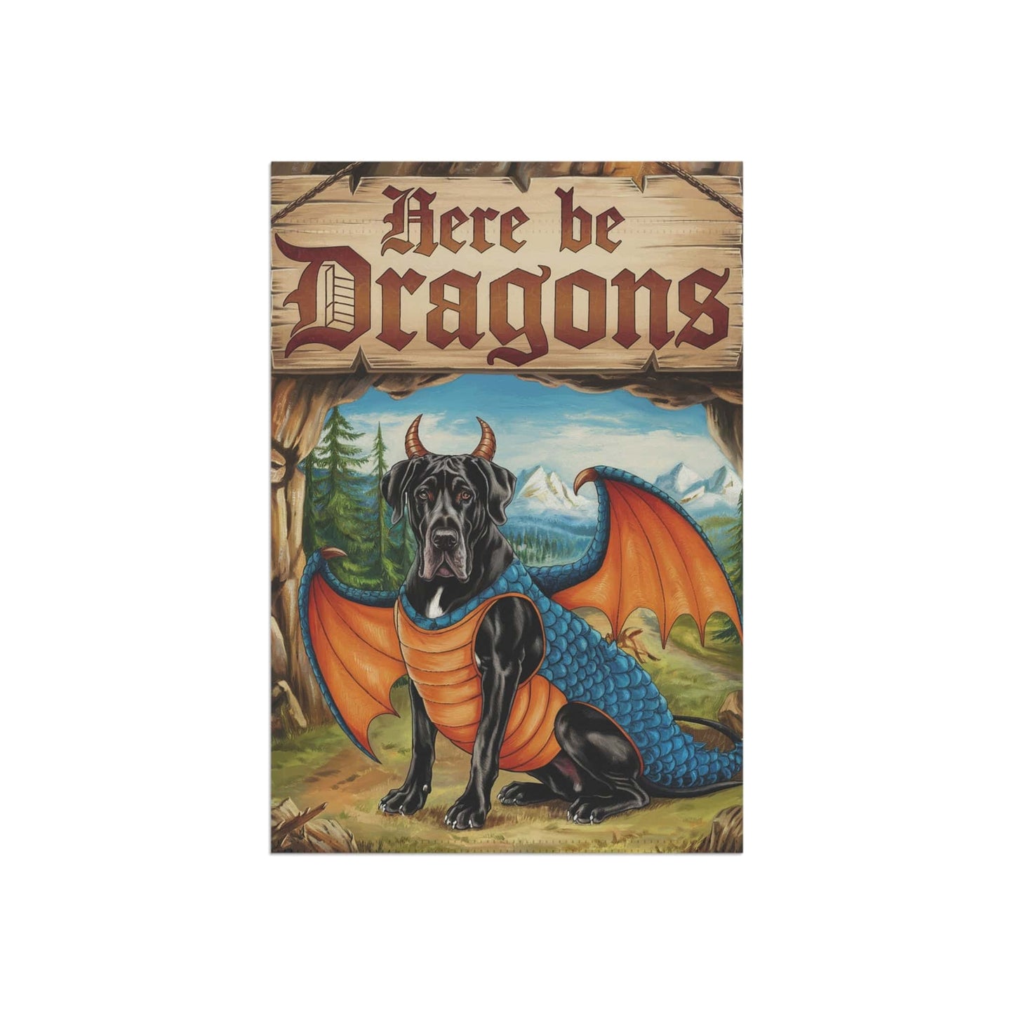 Printify Home Decor Black Great Dane Dog Dragon, Garden Flag, Pet Adventure, Yard Spring Decor, Housewarming Halloween