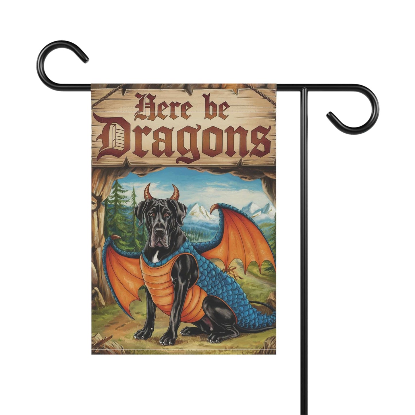 Printify Home Decor Black Great Dane Dog Dragon, Garden Flag, Pet Adventure, Yard Spring Decor, Housewarming Halloween