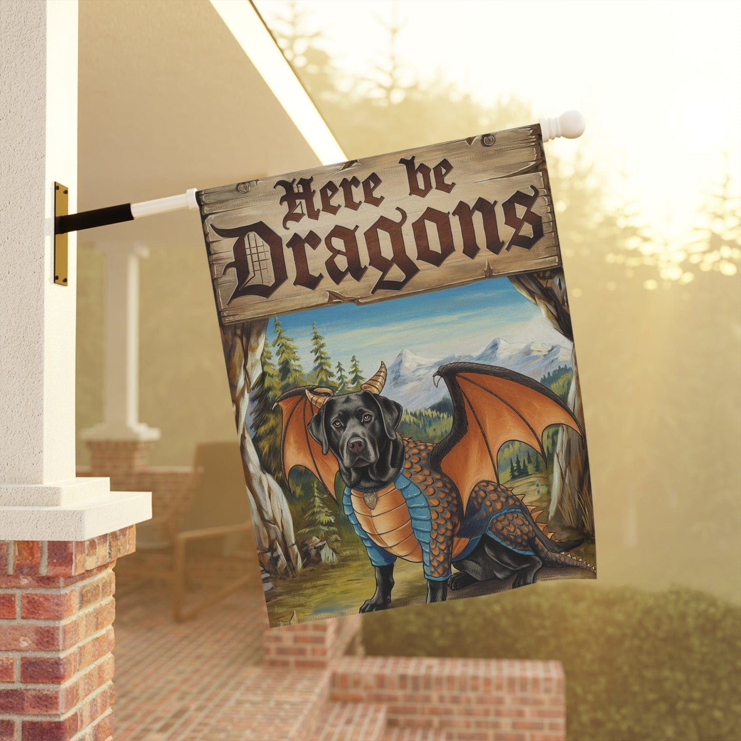 Printify Home Decor Black Labrador Dragon Dog Garden Flag, Medieval Landscape, Front Yard Spring Decor, Housewarming Gift
