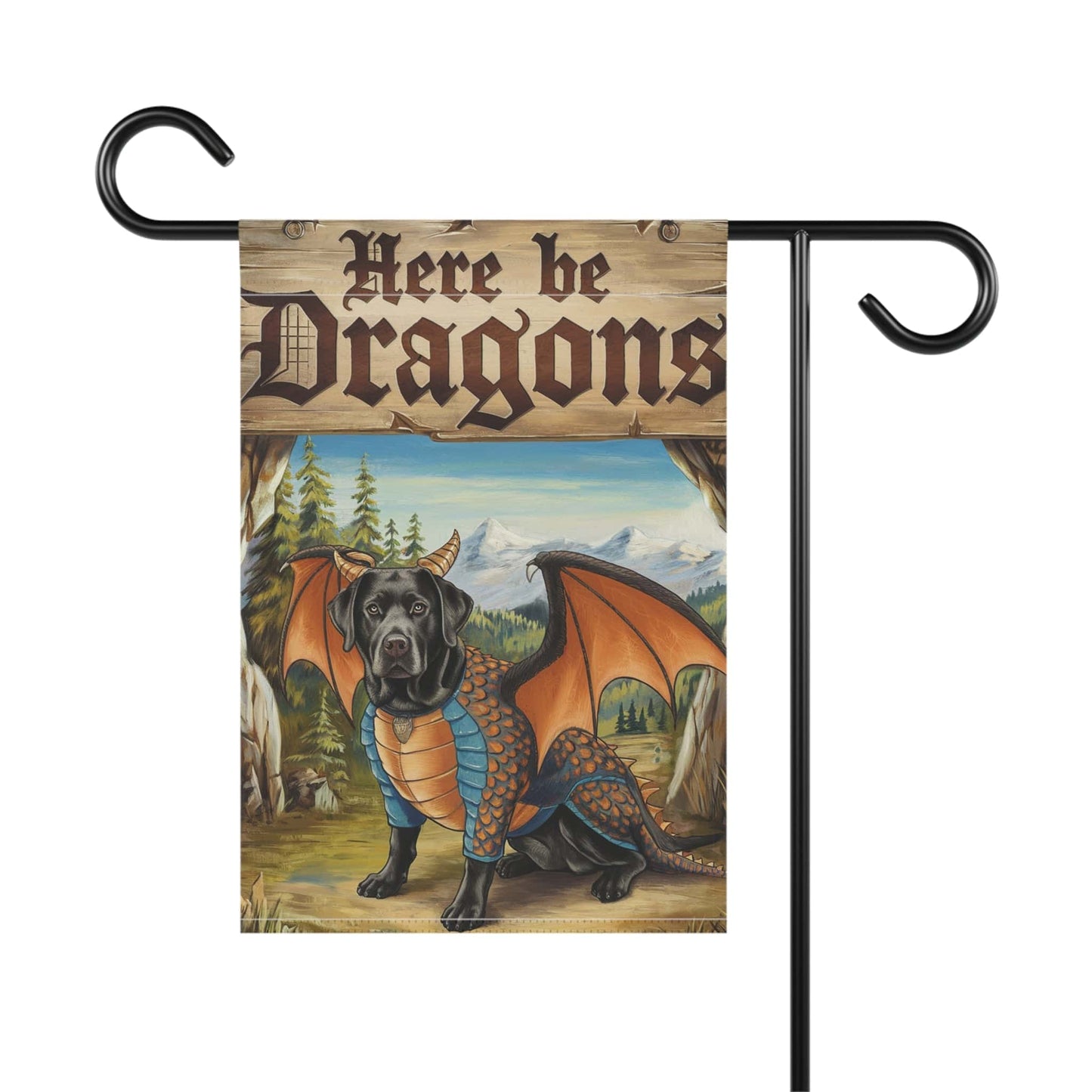 Printify Home Decor Black Labrador Dragon Dog Garden Flag, Medieval Landscape, Front Yard Spring Decor, Housewarming Gift