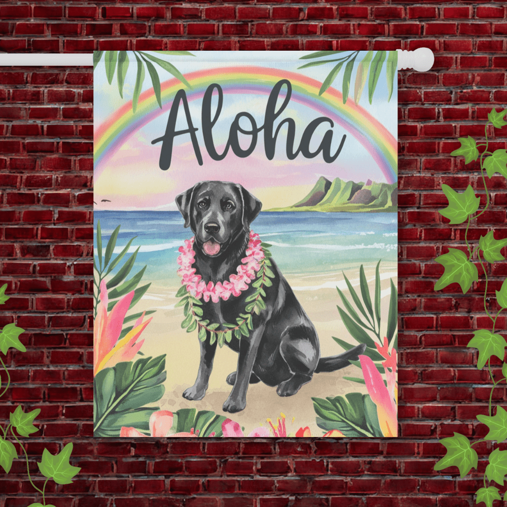 Printify Garden Flag 24.5'' × 32'' Black Labrador Retriever Aloha Garden Flag