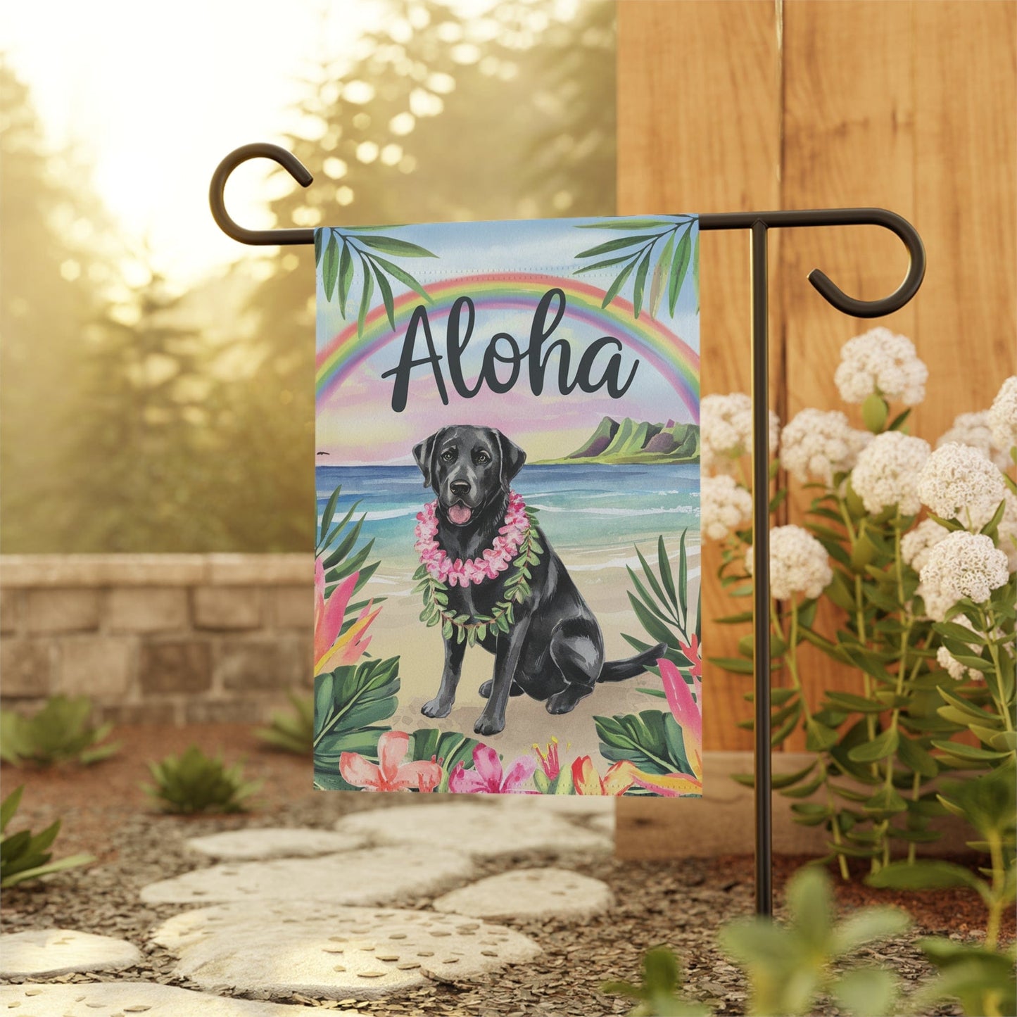 Printify Garden Flag Black Labrador Retriever Aloha Garden Flag
