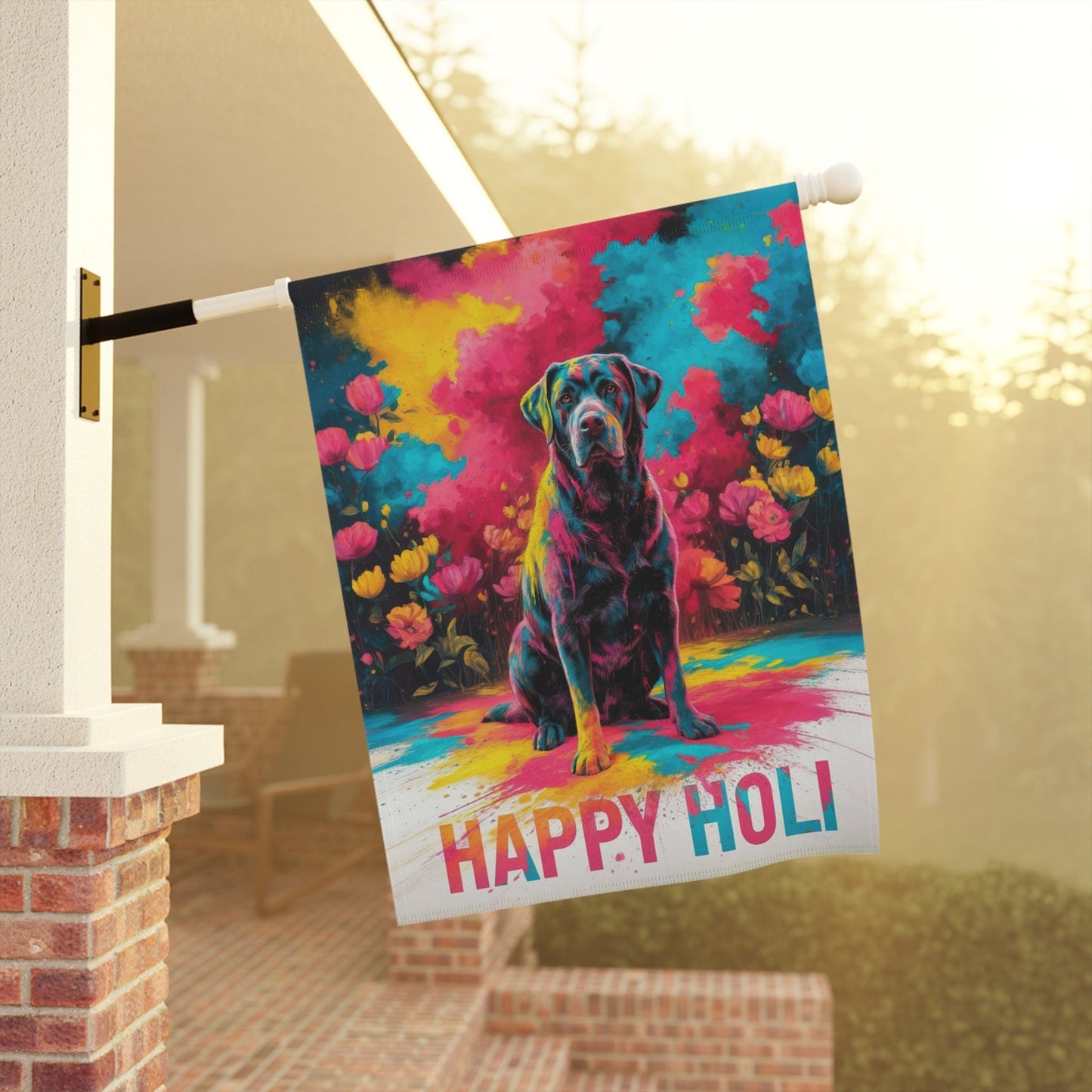 Black Labrador Retriever Holi Garden Flag, Indian Spring Festival, Dog Lovers Yard Outside Decor