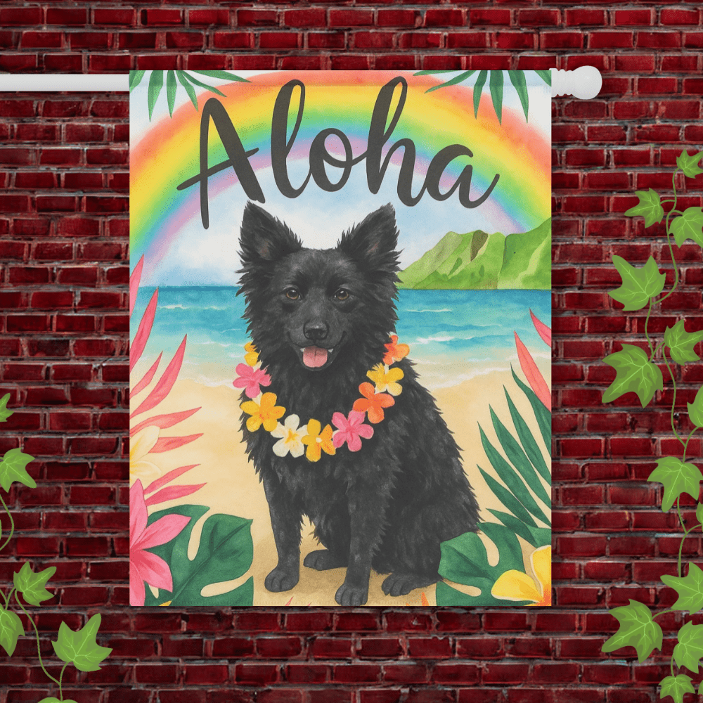 Printify Garden Flag 24.5'' × 32'' Black Mudi Dog Aloha Luau Garden Flag