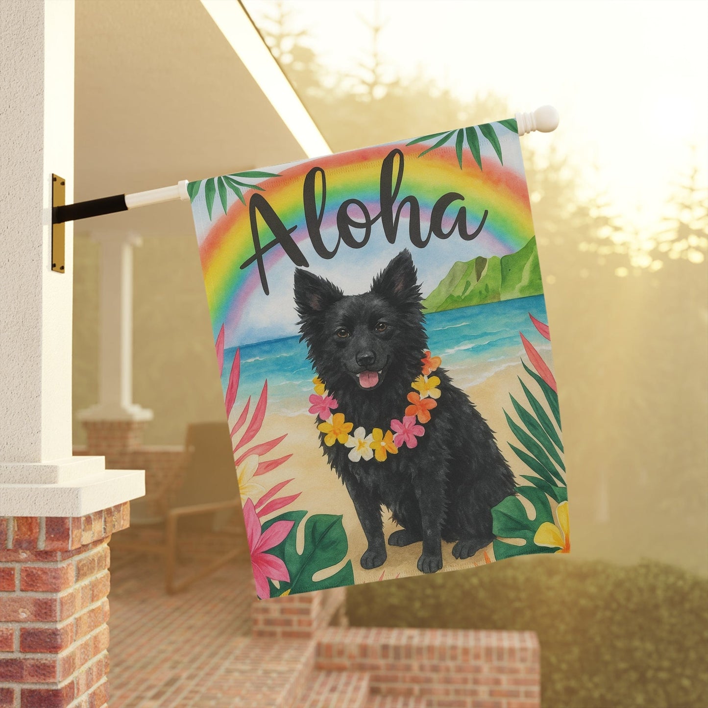 Black Mudi Dog Aloha Luau Garden Flag