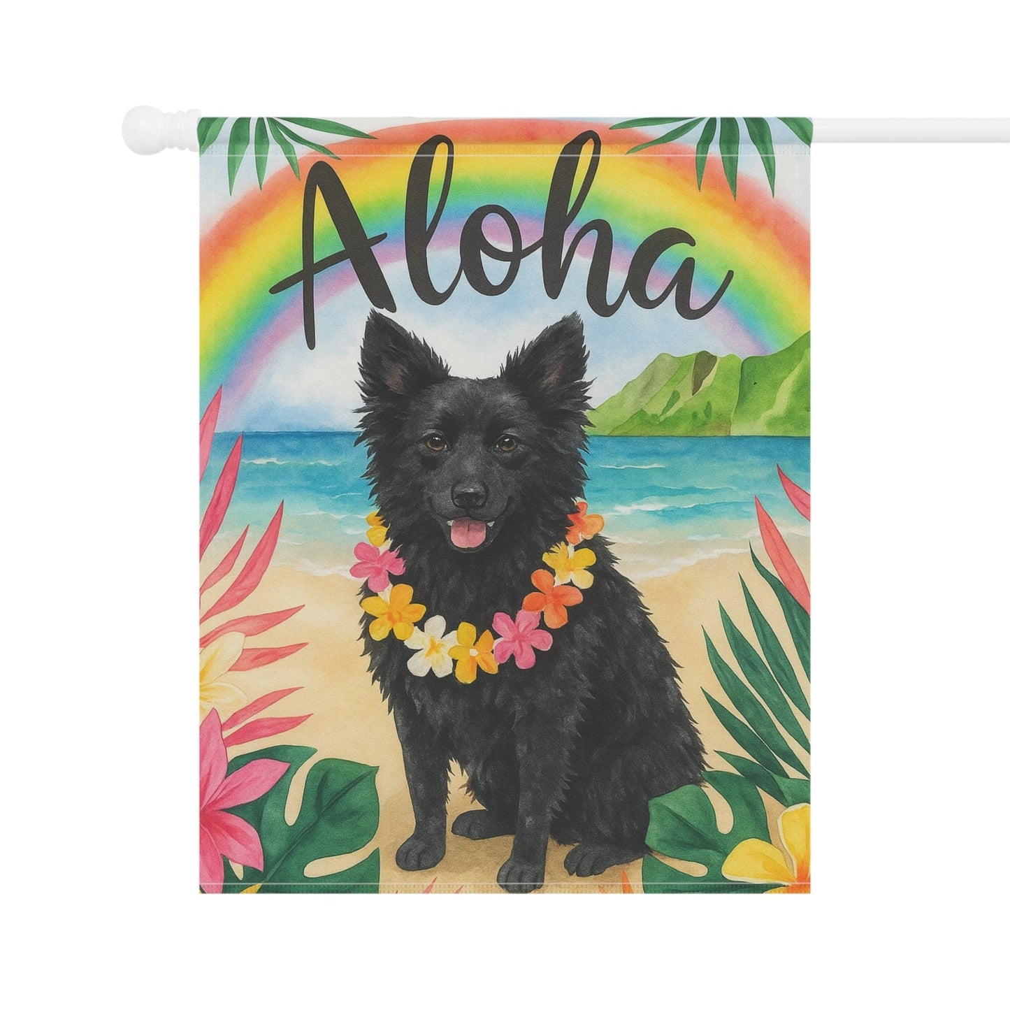 Printify Garden Flag Black Mudi Dog Aloha Luau Garden Flag