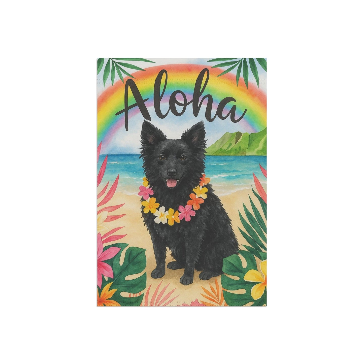 Printify Garden Flag Black Mudi Dog Aloha Luau Garden Flag
