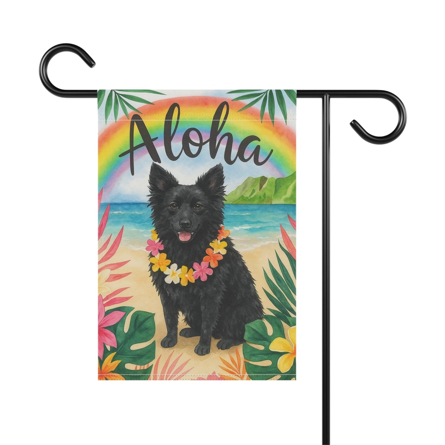 Printify Garden Flag Black Mudi Dog Aloha Luau Garden Flag