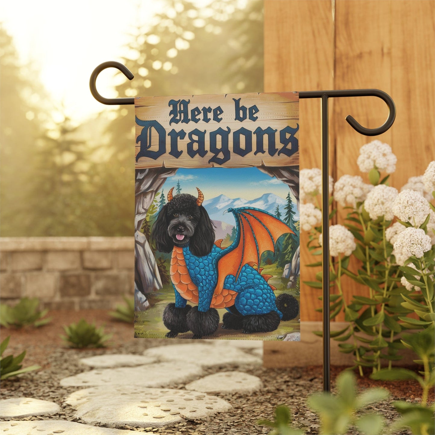 Printify Home Decor Black Poodle Dog Dragon Garden Flag, Fantasy Pet Yard Spring Decor, Housewarming Halloween