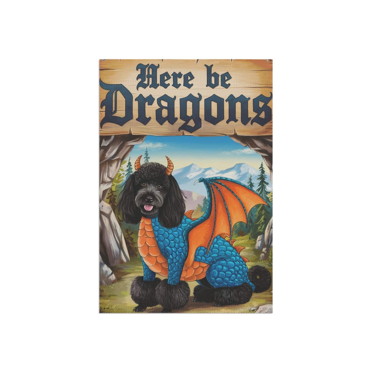 Printify Home Decor Black Poodle Dog Dragon Garden Flag, Fantasy Pet Yard Spring Decor, Housewarming Halloween