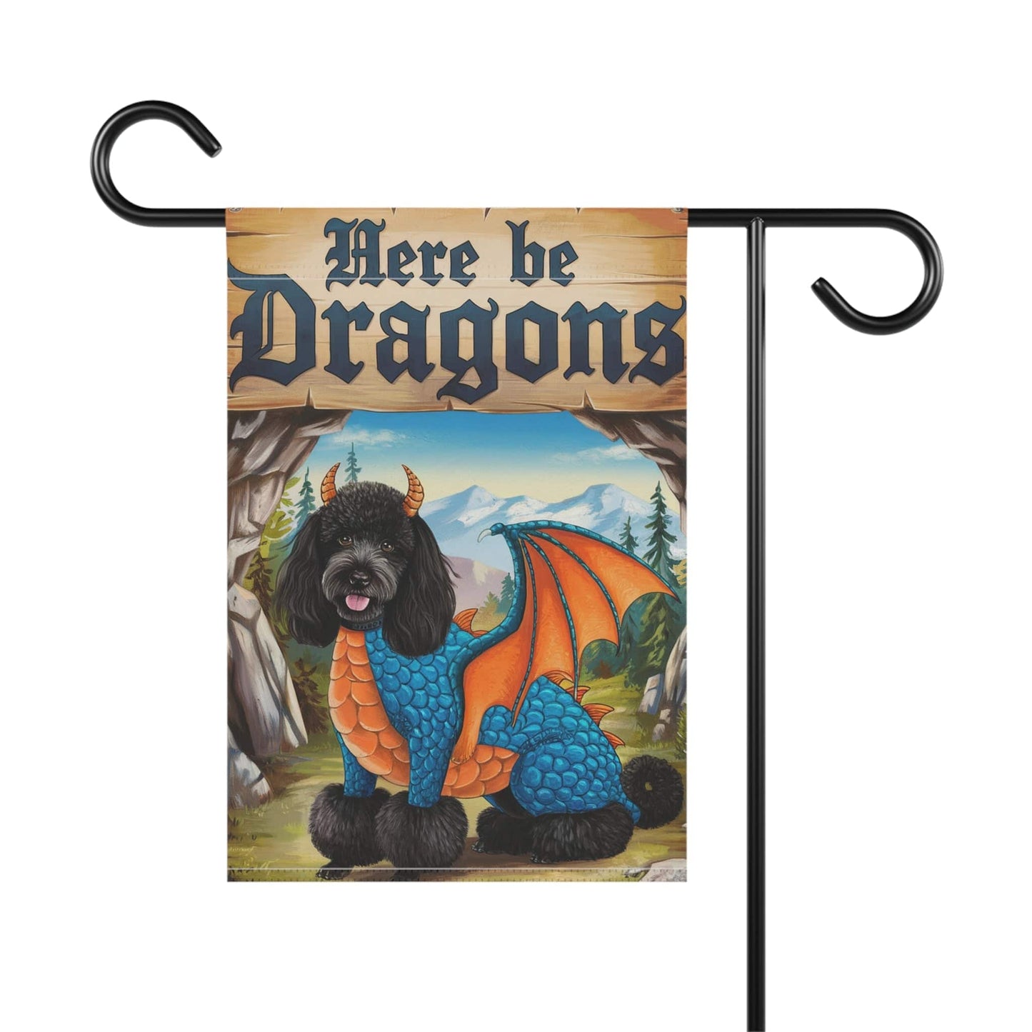 Printify Home Decor Black Poodle Dog Dragon Garden Flag, Fantasy Pet Yard Spring Decor, Housewarming Halloween