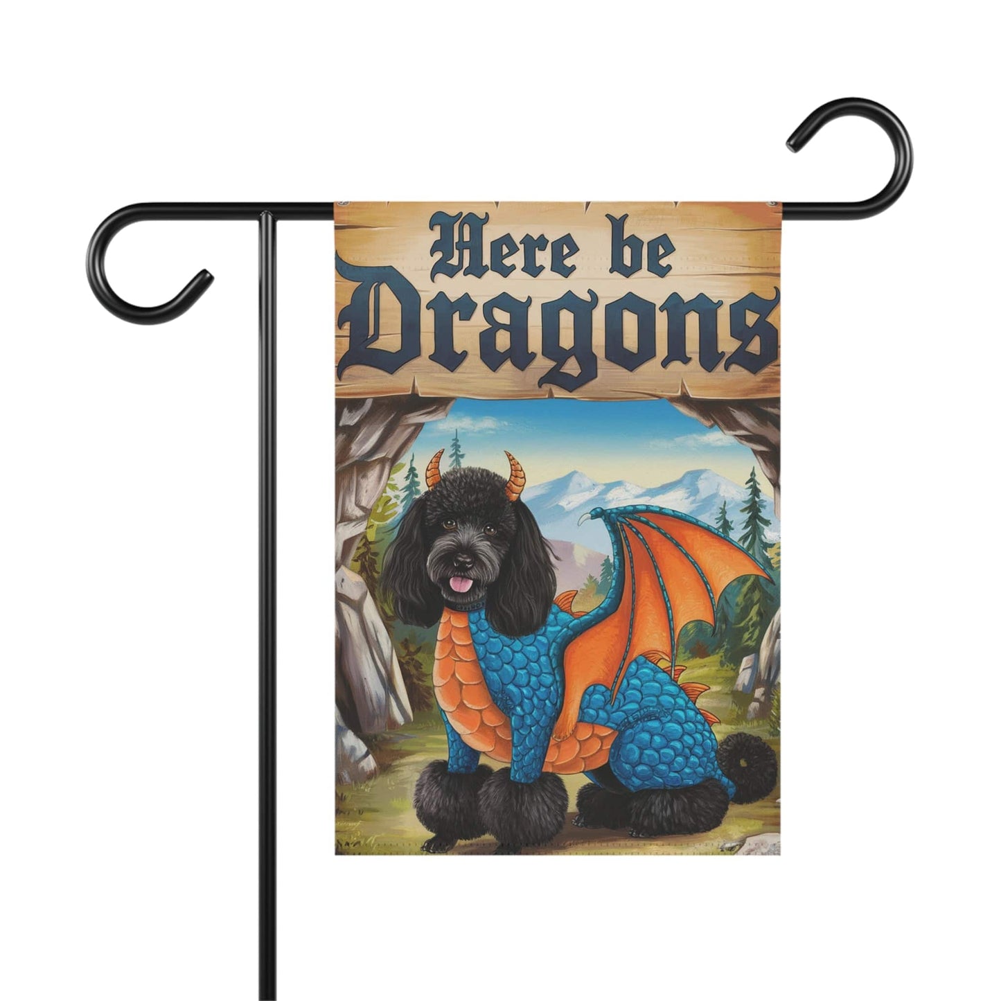 Printify Home Decor 12'' × 18'' Black Poodle Dog Dragon Garden Flag, Fantasy Pet Yard Spring Decor, Housewarming Halloween
