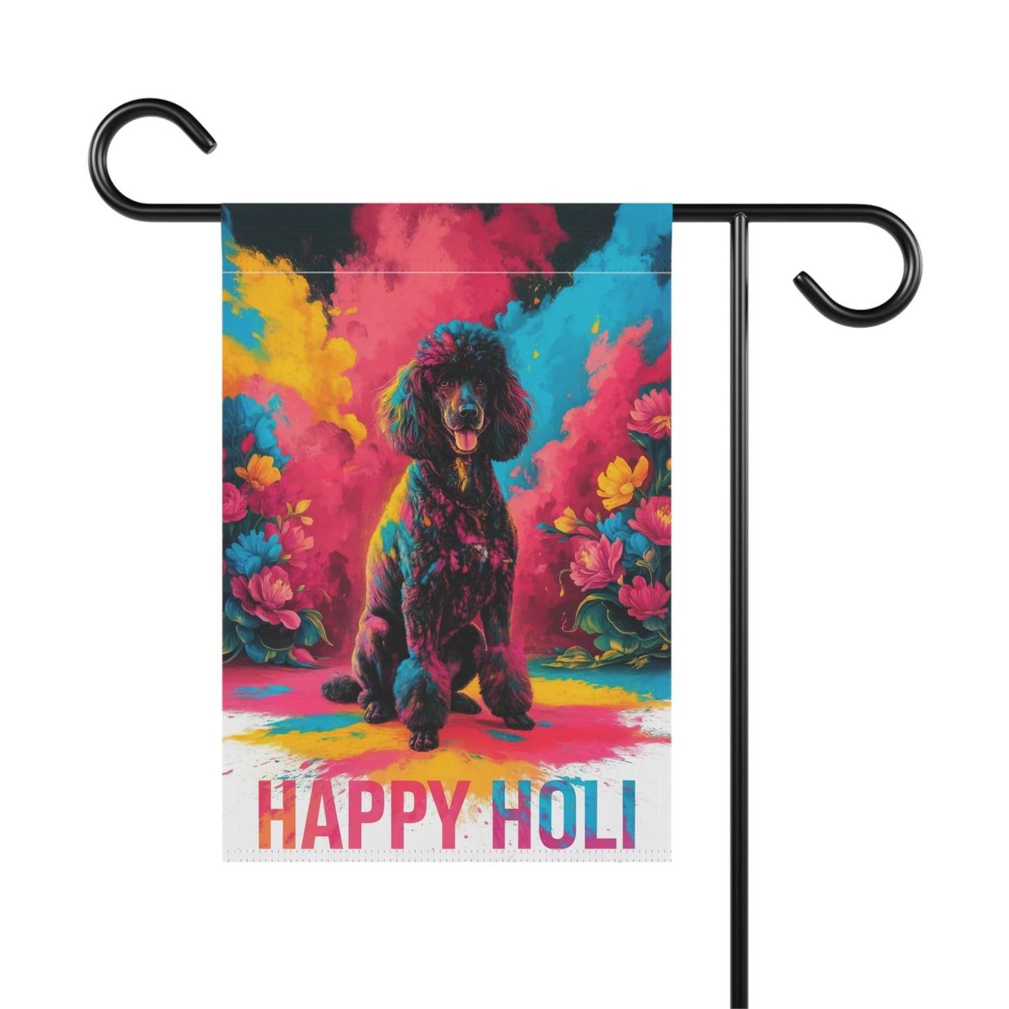 Printify Home Decor Black Poodle Holi Garden Flag, Indian Spring Festival, Dog Lovers Yard Outside Decor
