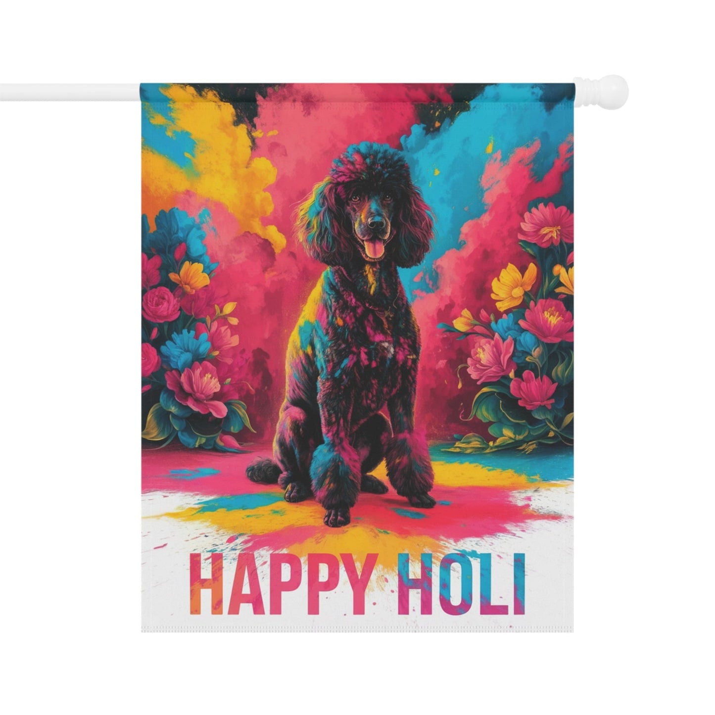 Printify Home Decor 24.5'' × 32'' Black Poodle Holi Garden Flag, Indian Spring Festival, Dog Lovers Yard Outside Decor