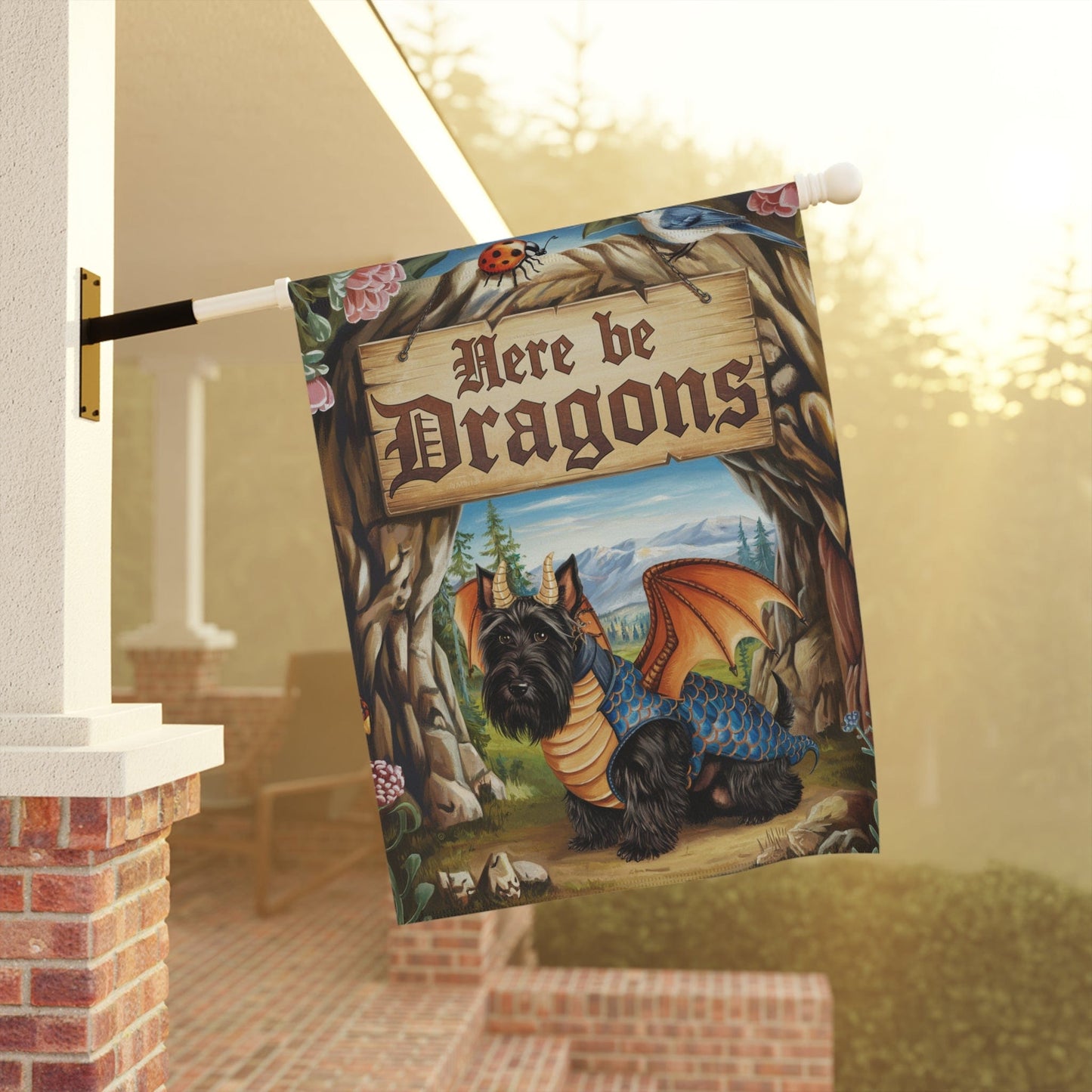 Printify Home Decor Black Scottish Terrier Dog Dragon Garden Flag, Scottie Fantasy Pet Yard Spring Decor