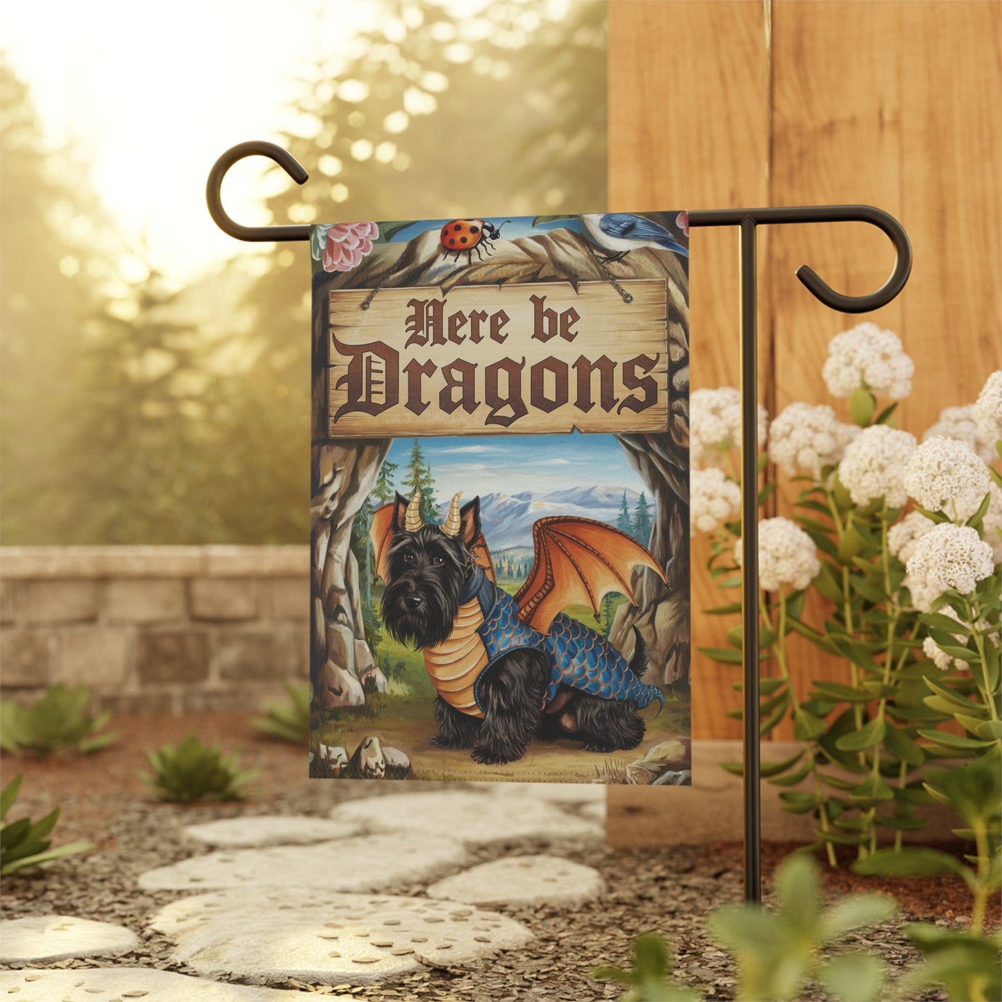 Printify Home Decor Black Scottish Terrier Dog Dragon Garden Flag, Scottie Fantasy Pet Yard Spring Decor