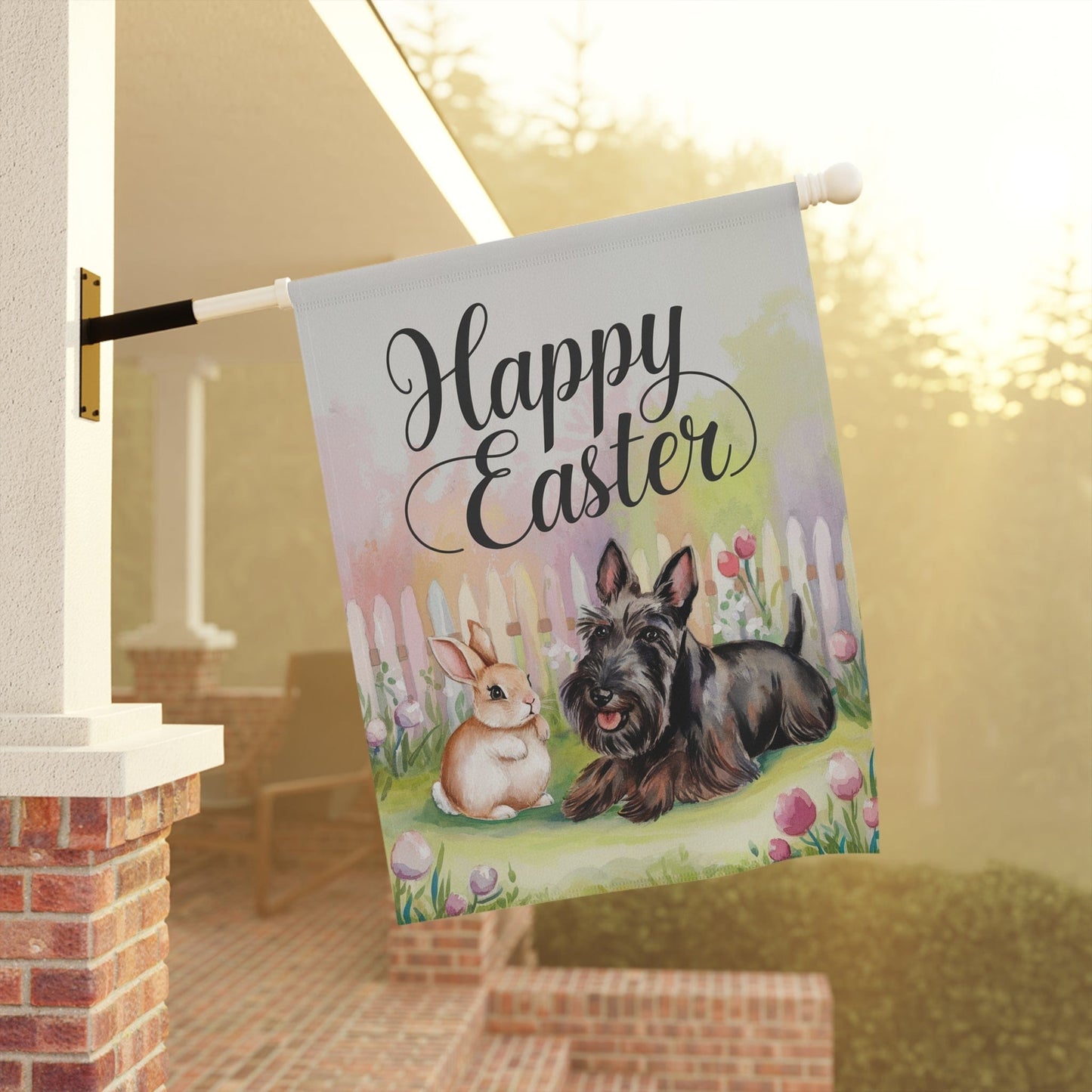 Printify Home Decor Black Scottish Terrier Easter Garden Flag, Spring Front Yard Decor, Housewarming gift