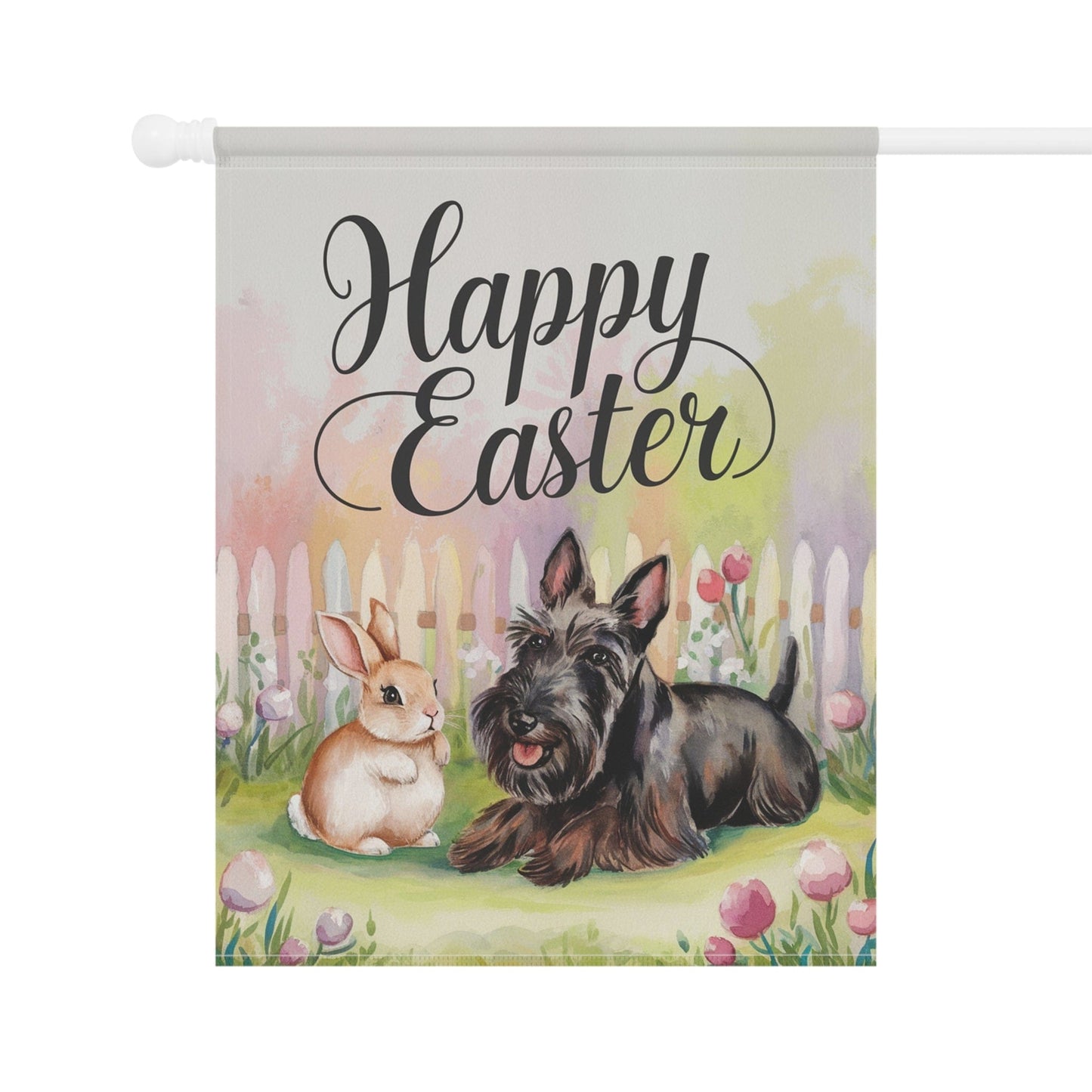 Printify Home Decor Black Scottish Terrier Easter Garden Flag, Spring Front Yard Decor, Housewarming gift