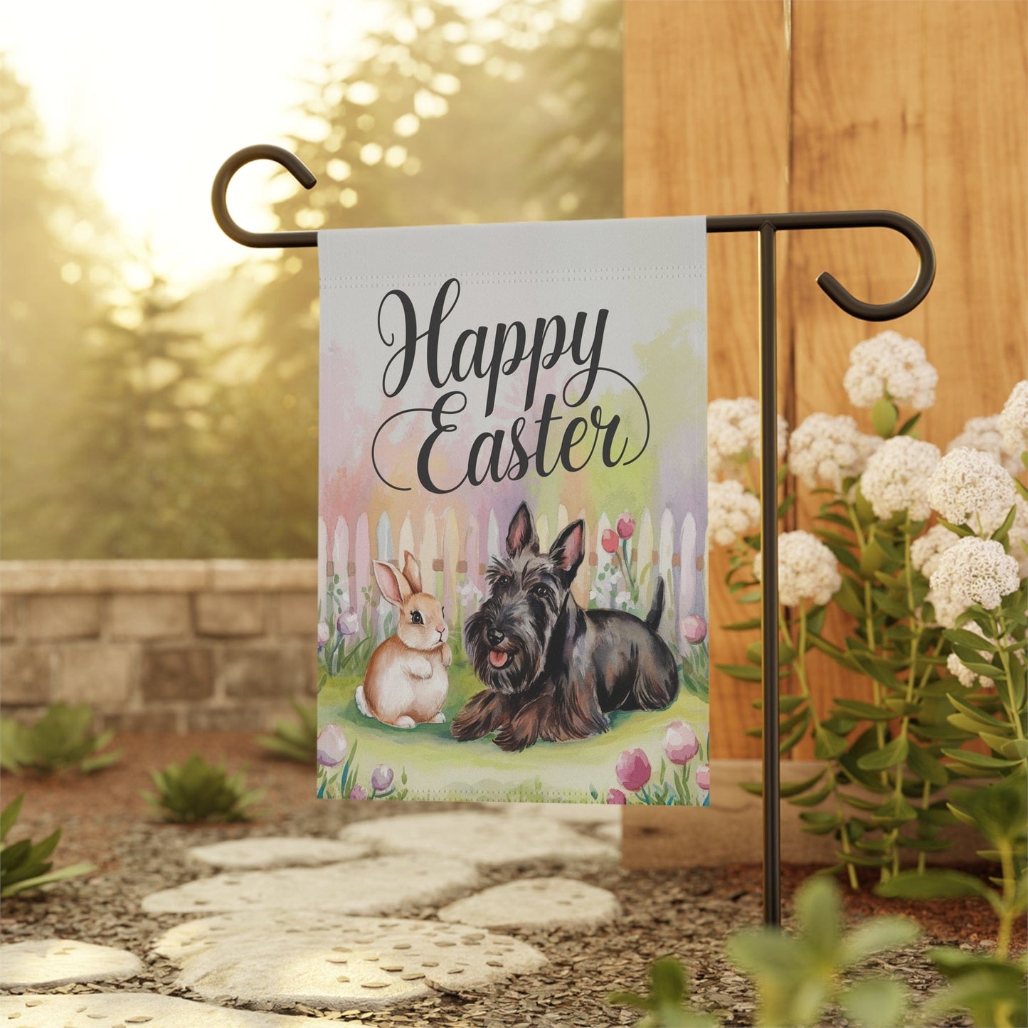 Printify Home Decor Black Scottish Terrier Easter Garden Flag, Spring Front Yard Decor, Housewarming gift