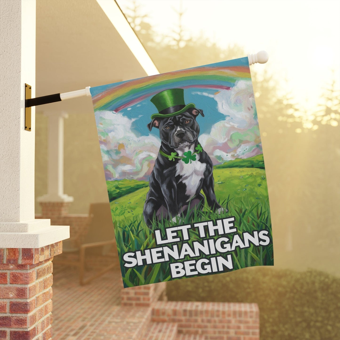 Black Staffordshire Bull Terrie Garden Flag St. Patrick's Day Celebration Rainbow Dog