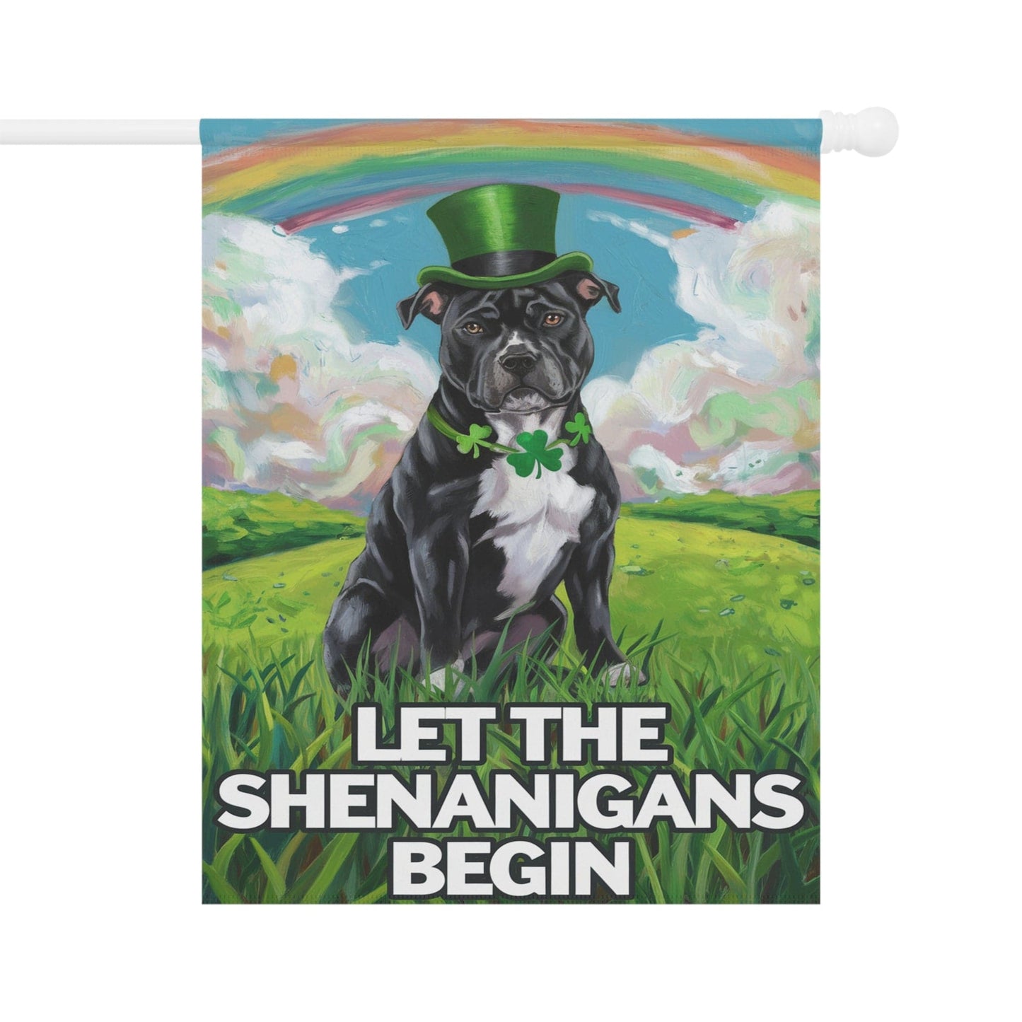 Printify Home Decor 24.5'' × 32'' Black Staffordshire Bull Terrie Garden Flag St. Patrick's Day Celebration Rainbow Dog