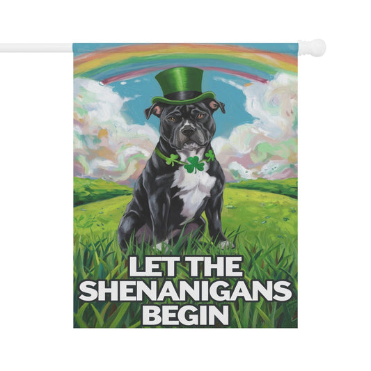 Black Staffordshire Bull Terrie Garden Flag St. Patrick's Day Celebration Rainbow Dog 24.5'' × 32''