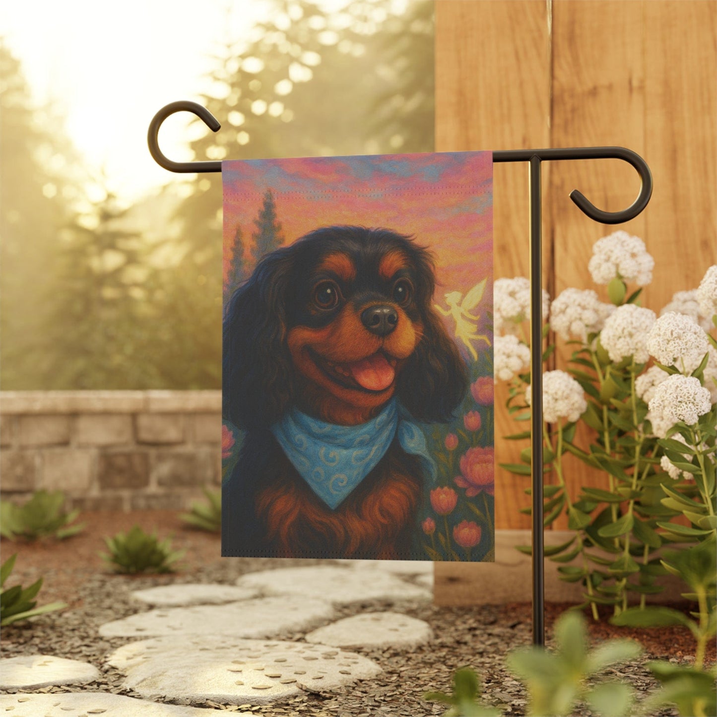 Printify Garden Flag Black Tan Cavalier Fairy Garden Flag