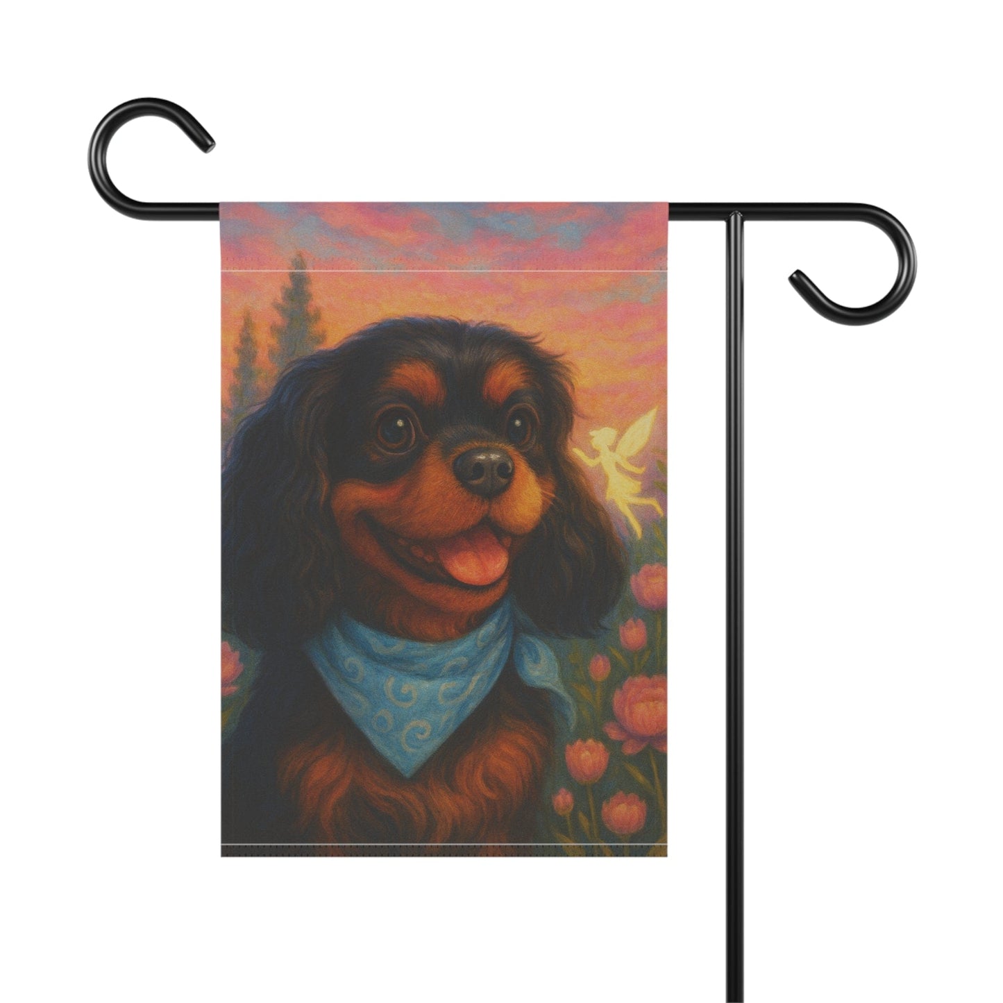 Printify Garden Flag Black Tan Cavalier Fairy Garden Flag