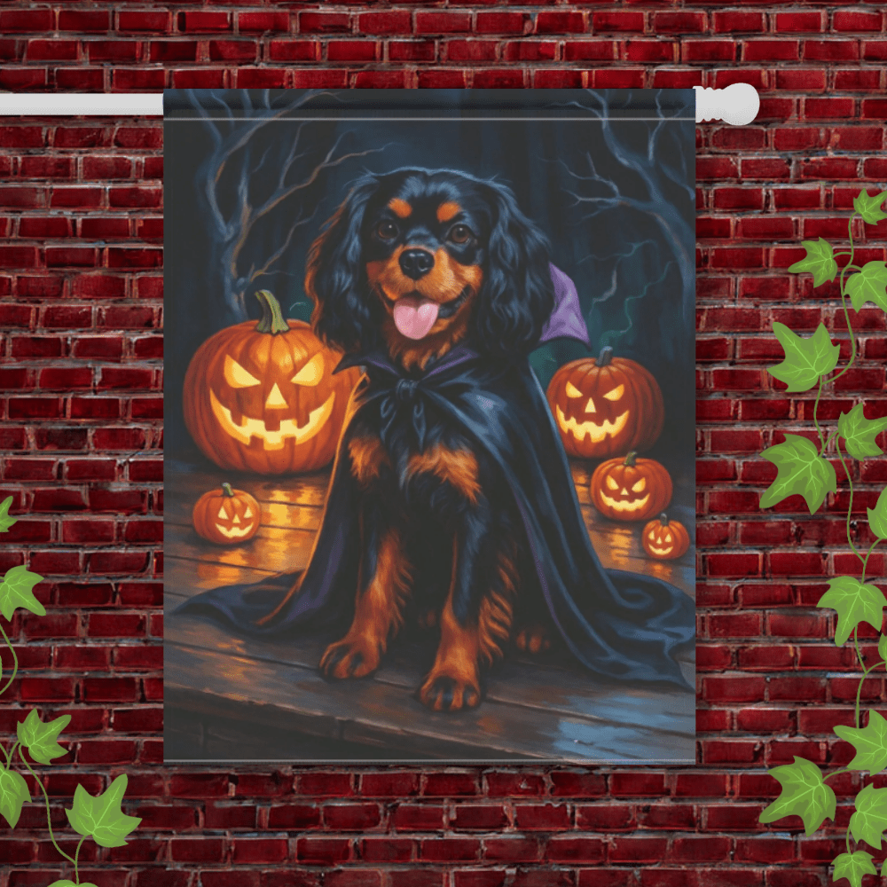 Printify Garden Flag 24.5'' × 32'' Black & Tan Cavalier Halloween Garden Flag