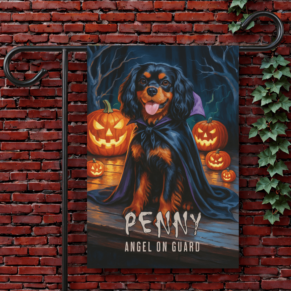Printify Garden Flag Black & Tan Cavalier Halloween Garden Flag