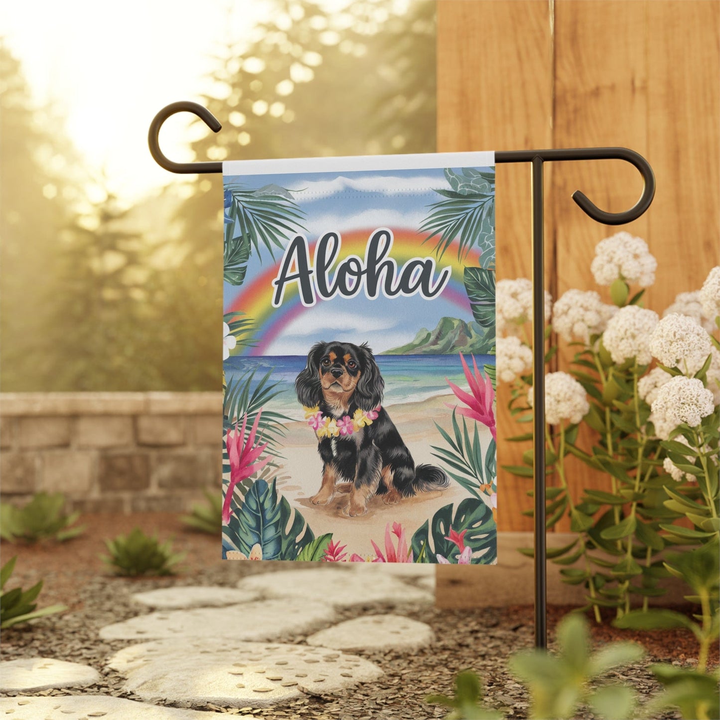 Printify Garden Flag Black Tan Cavalier King Charles Hawaii Garden Flag