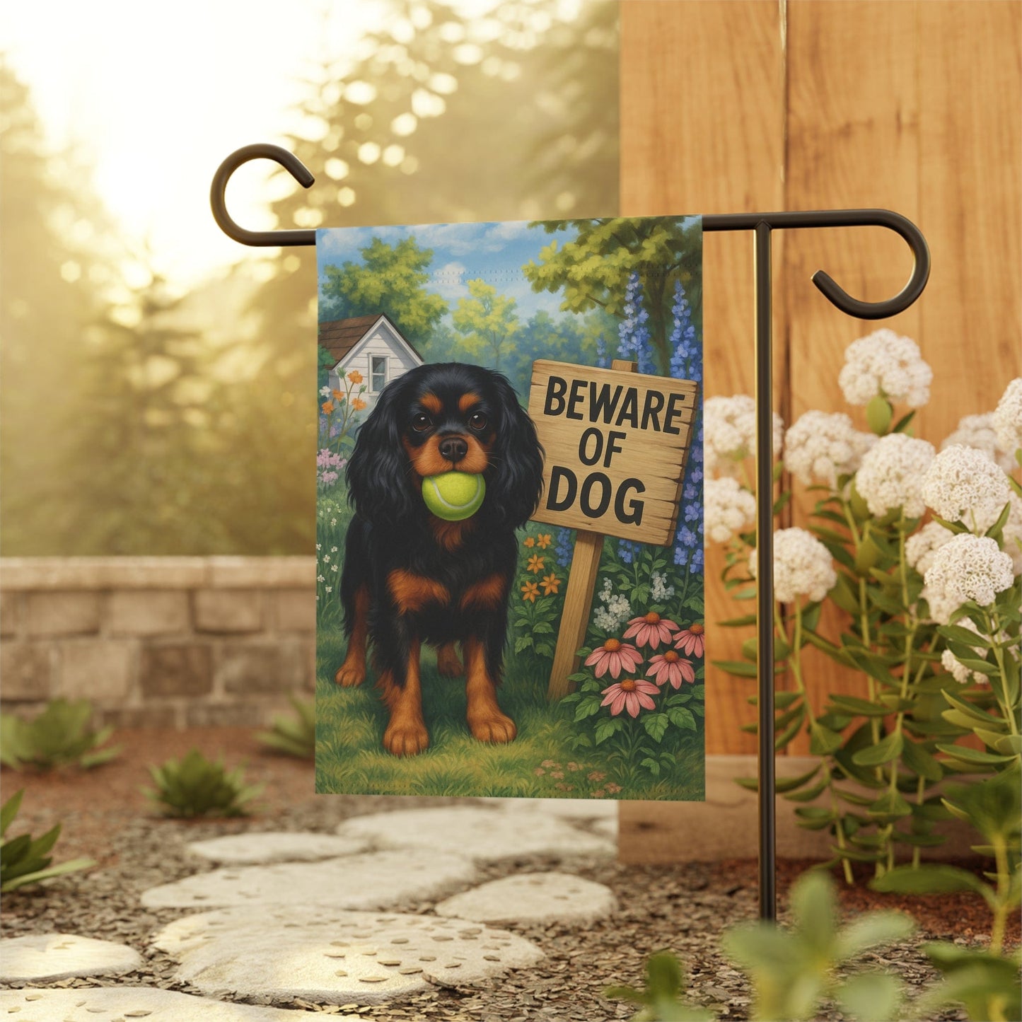 Printify Garden Flag Black Tan Cavalier King Charles Spaniel Beware Garden Flag