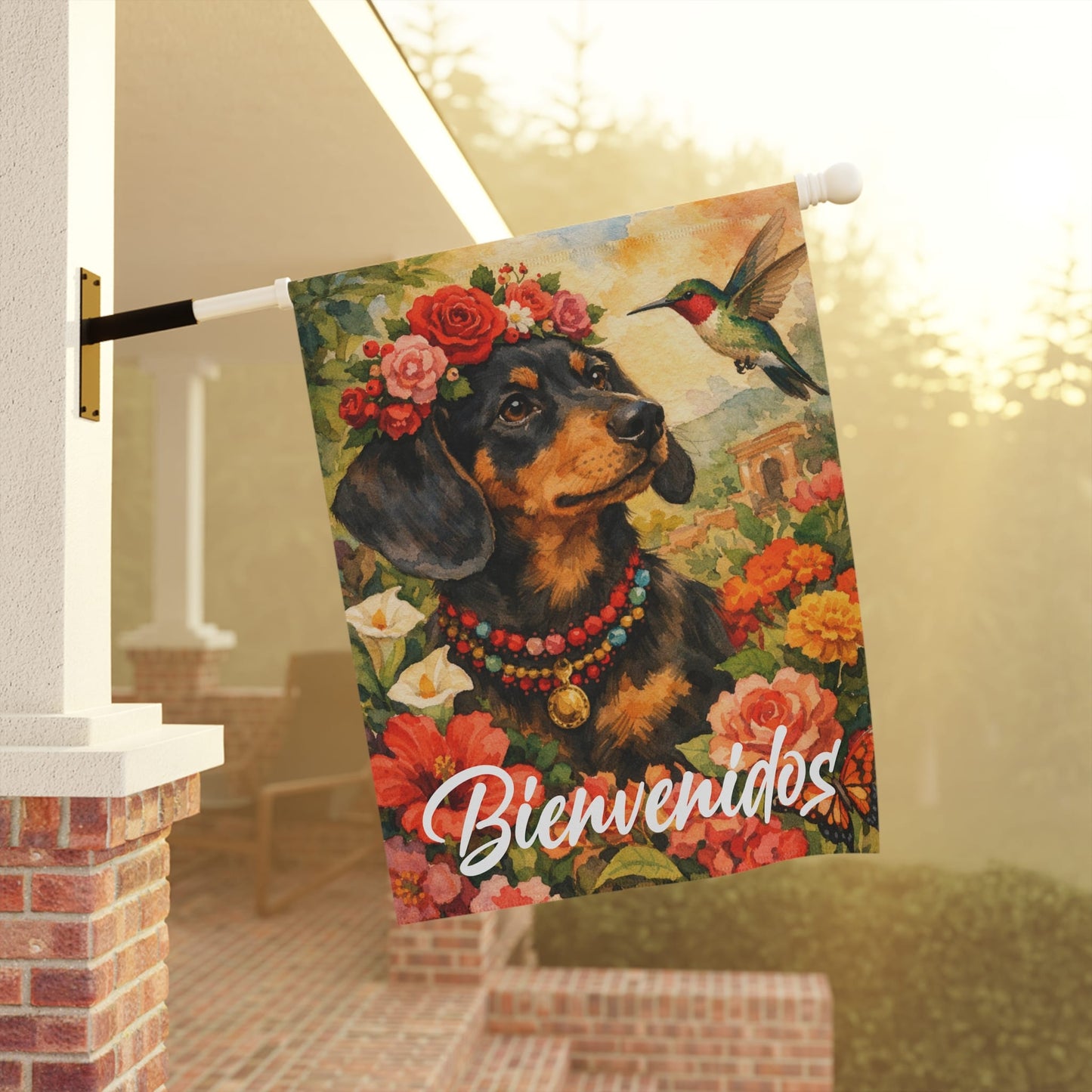 Black Tan Dachshund Bienvenidos Spanish Garden Flag