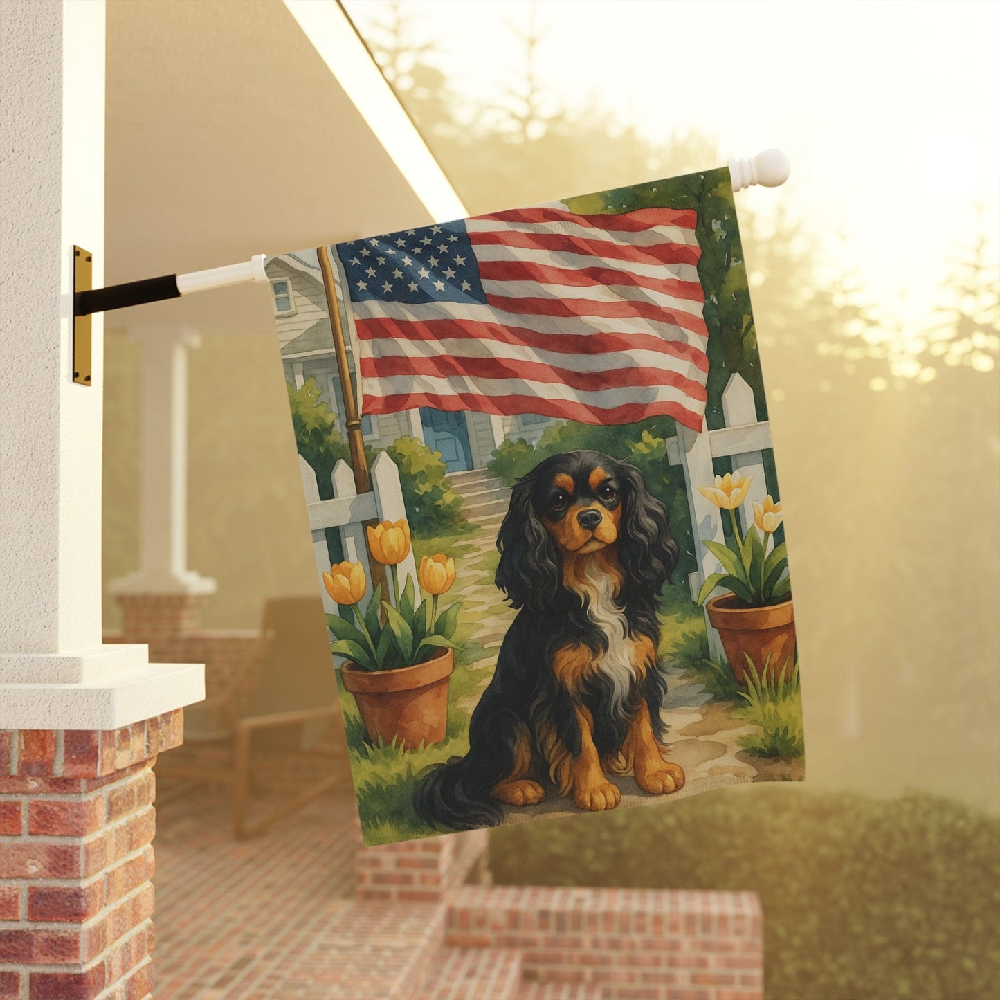 Printify Garden Flag Black Tan King Charles Cavalier American Garden Flag