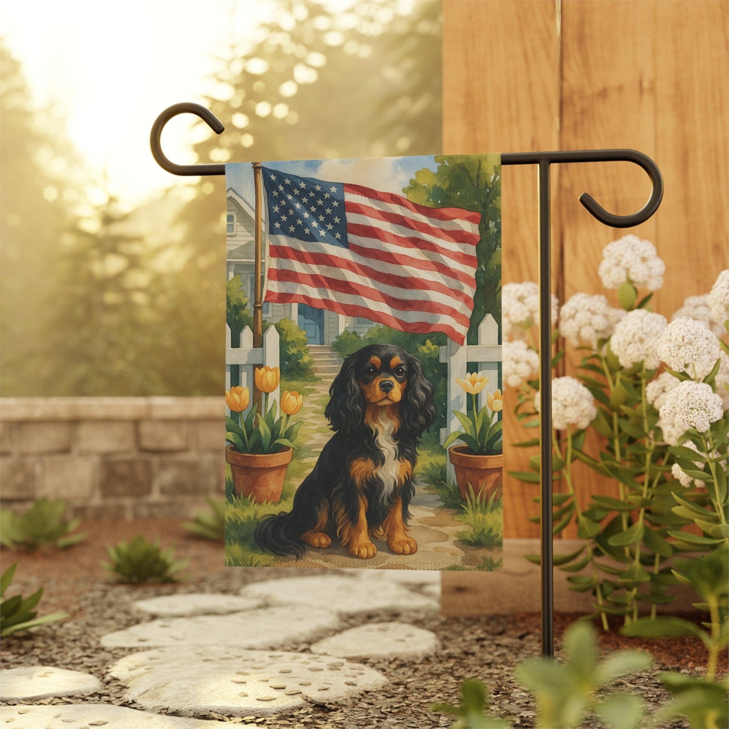 Printify Garden Flag Black Tan King Charles Cavalier American Garden Flag