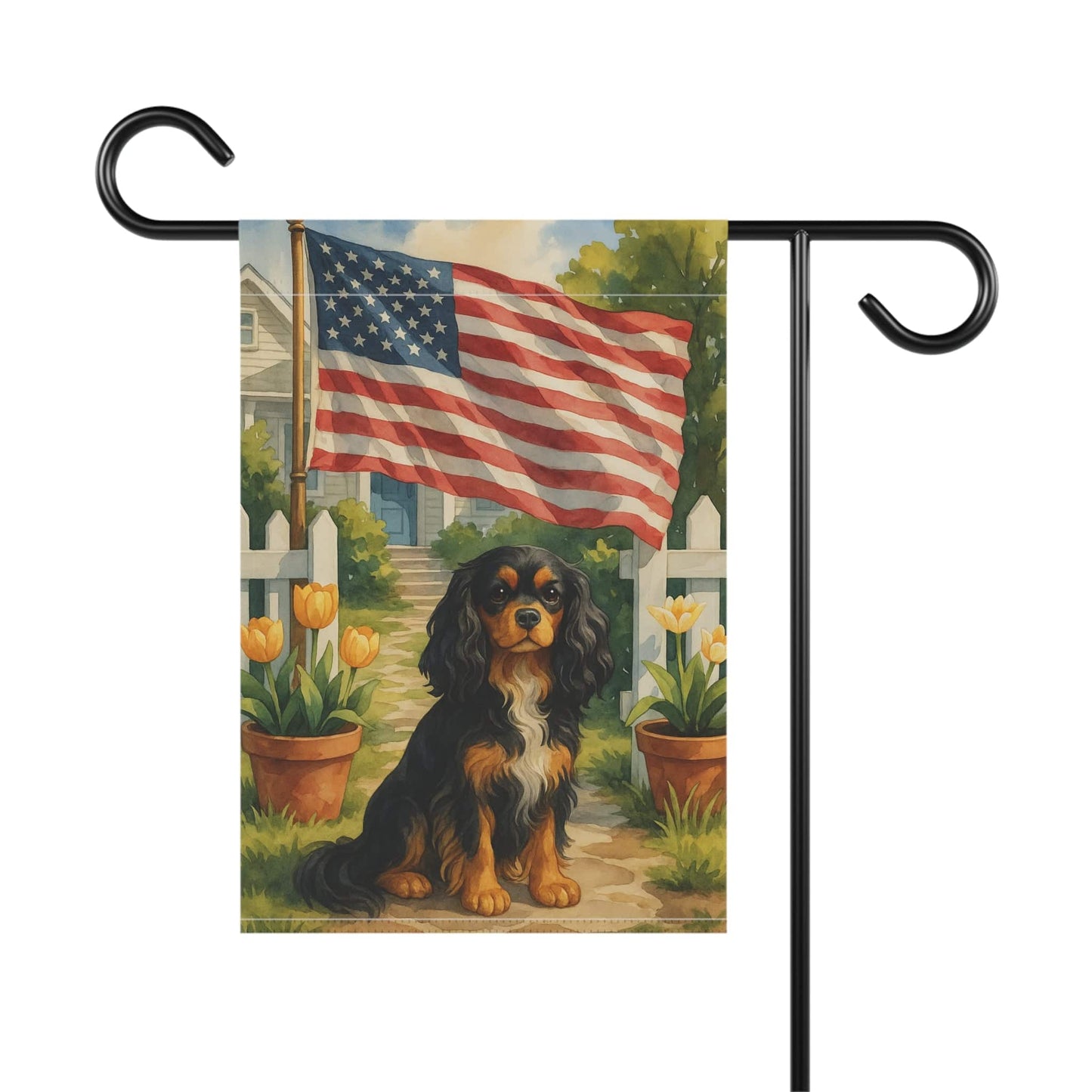 Printify Garden Flag Black Tan King Charles Cavalier American Garden Flag