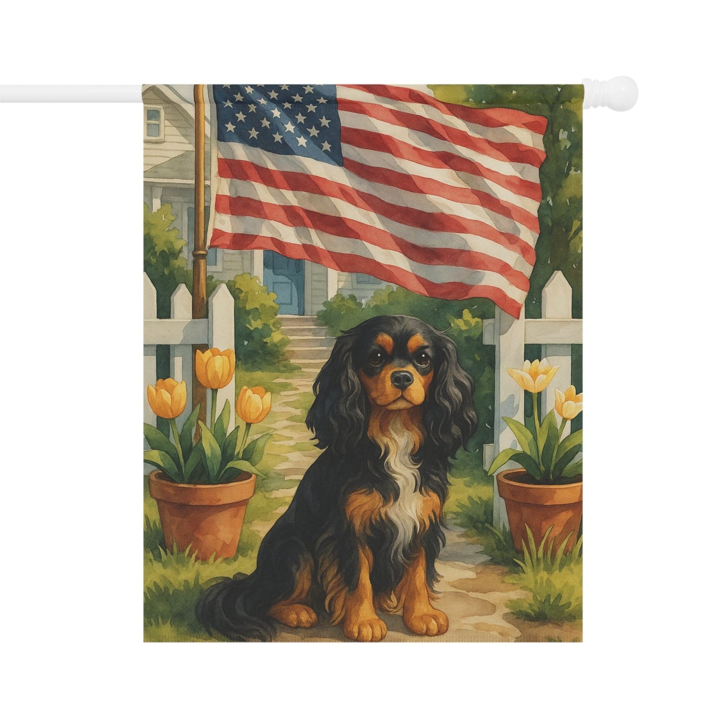 Printify Garden Flag Black Tan King Charles Cavalier American Garden Flag