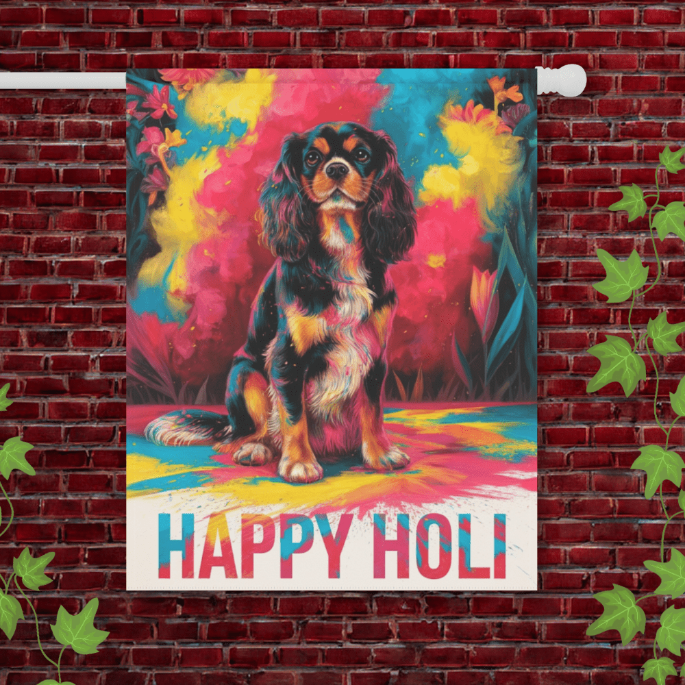 Printify Garden Flag 24.5'' × 32'' Black Tan King Charles Cavalier Holi Festival Garden Flag