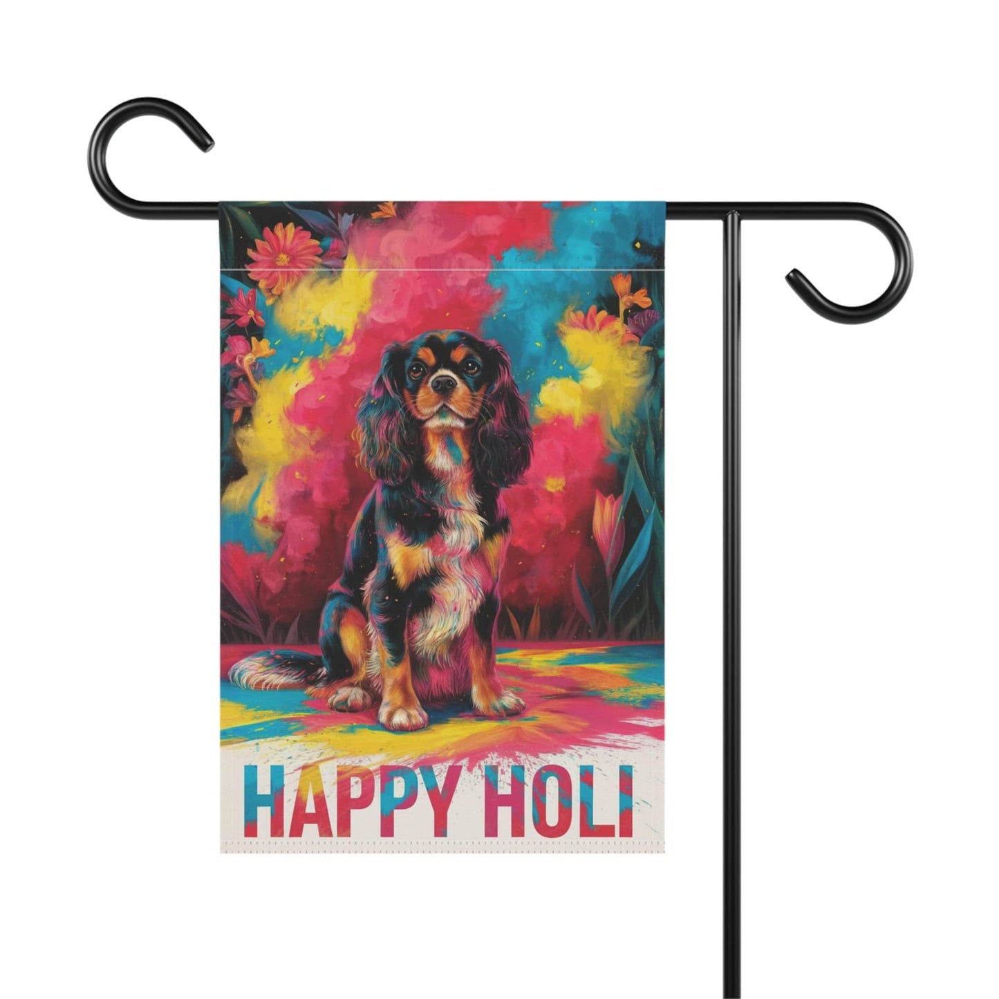 Printify Garden Flag Black Tan King Charles Cavalier Holi Festival Garden Flag