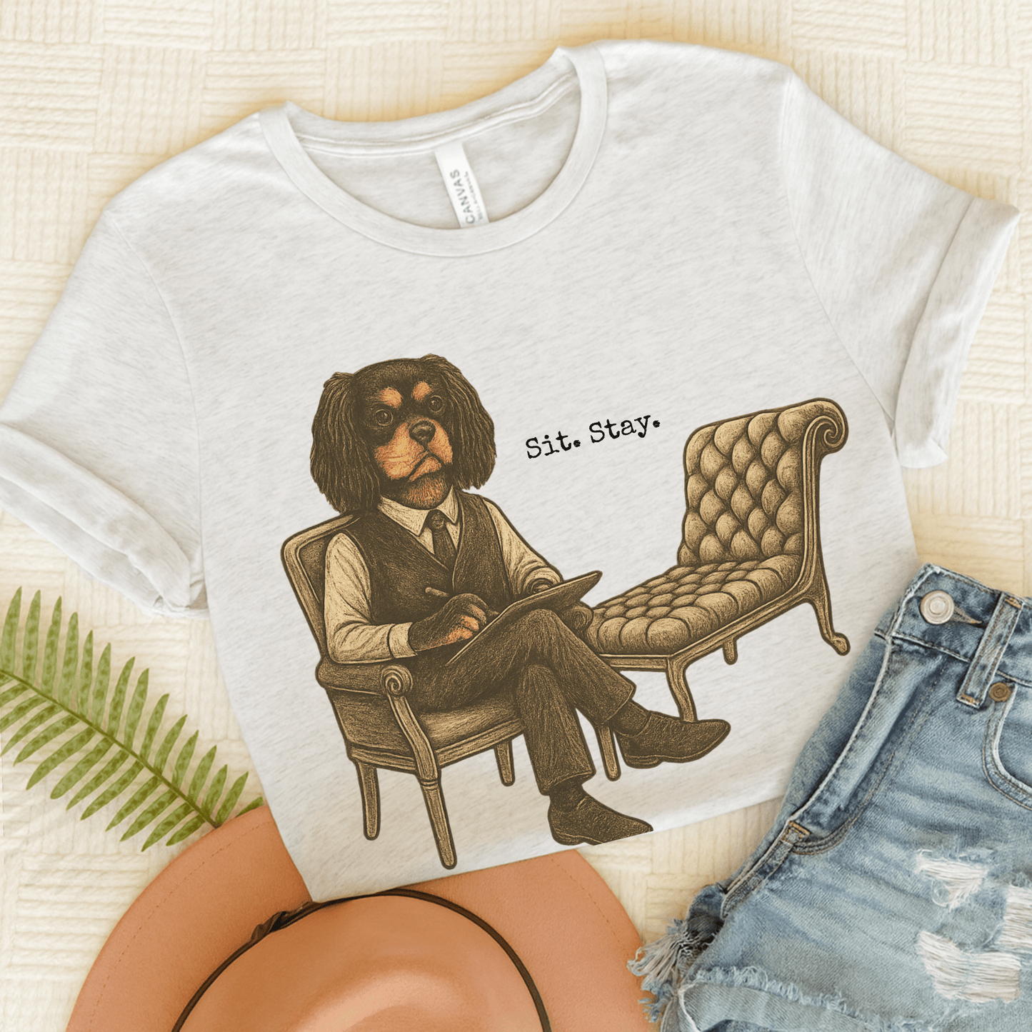 Printify T-Shirt Ash / S Black Tan King Charles Sit Stay TShirt