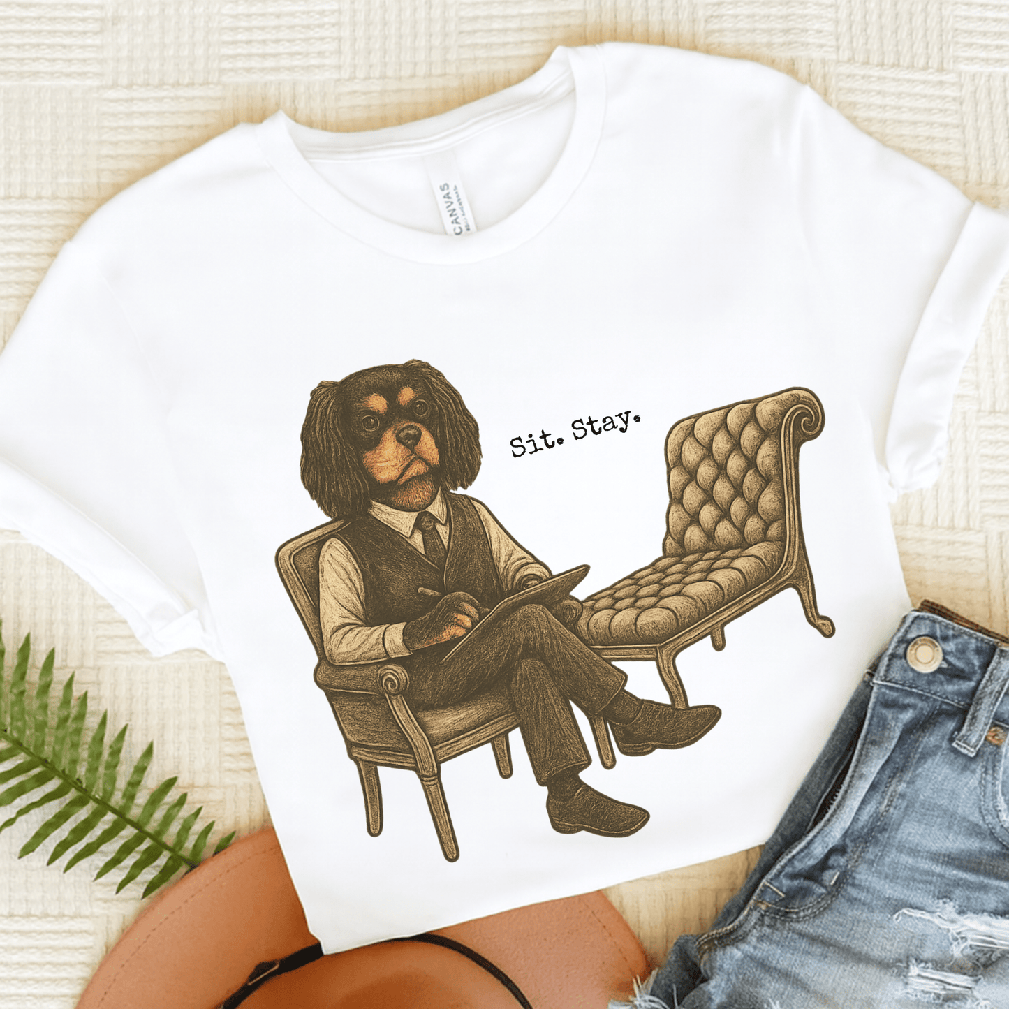 Printify T-Shirt White / S Black Tan King Charles Sit Stay TShirt