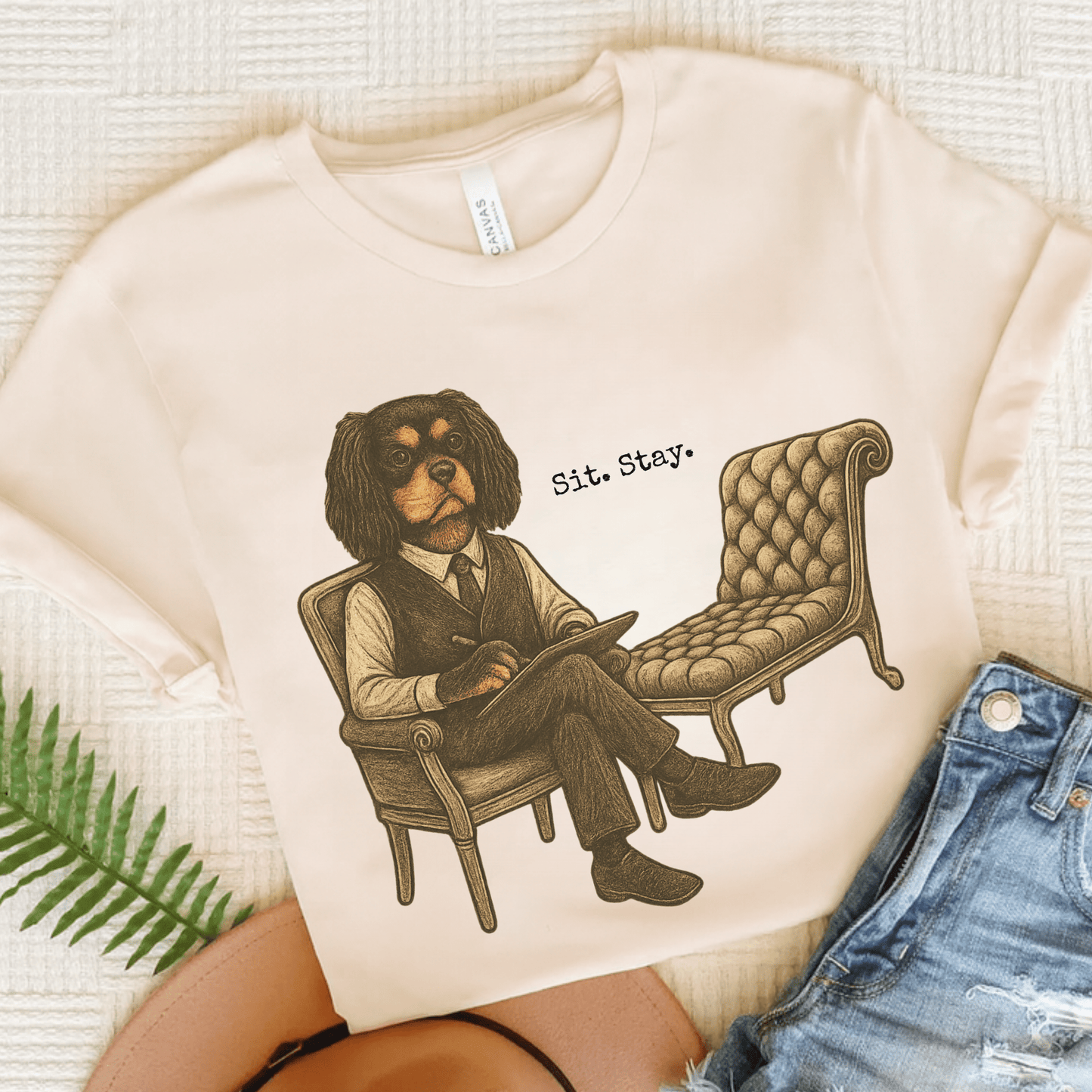 Printify T-Shirt Natural / S Black Tan King Charles Sit Stay TShirt