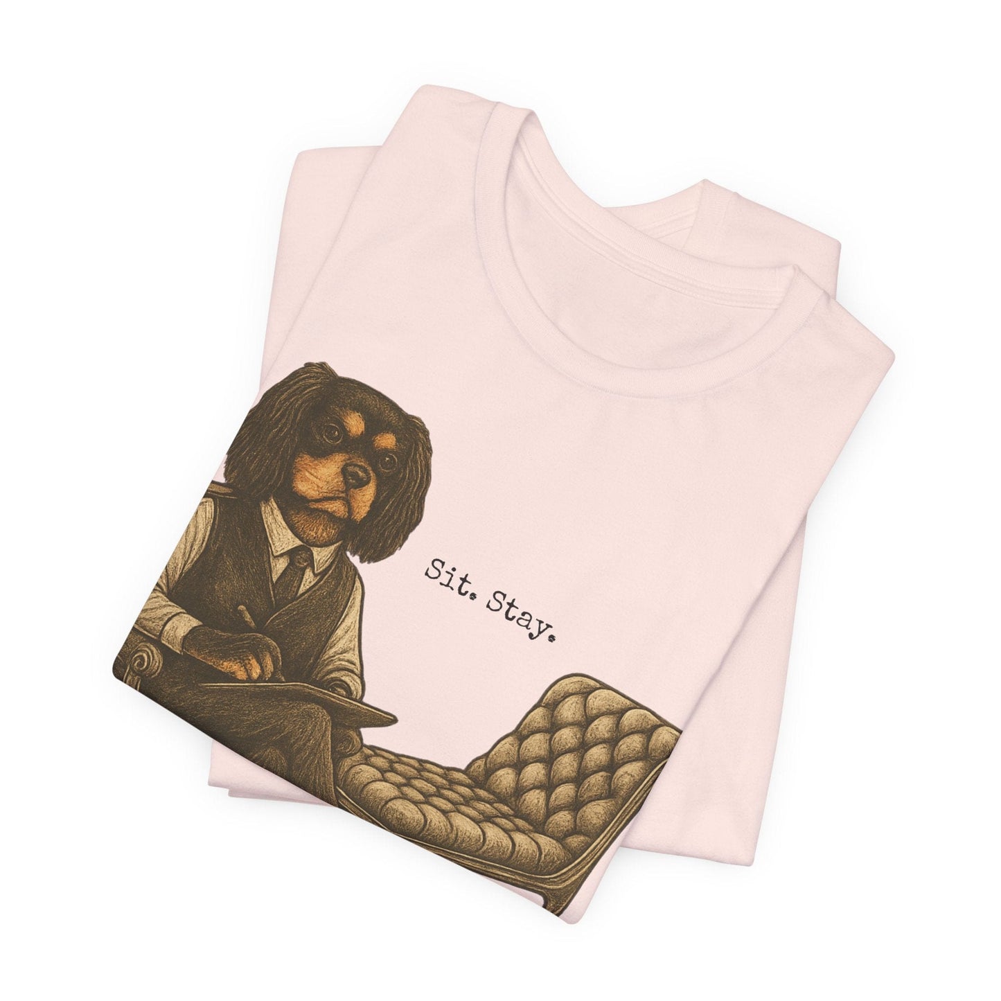Printify T-Shirt Black Tan King Charles Sit Stay TShirt