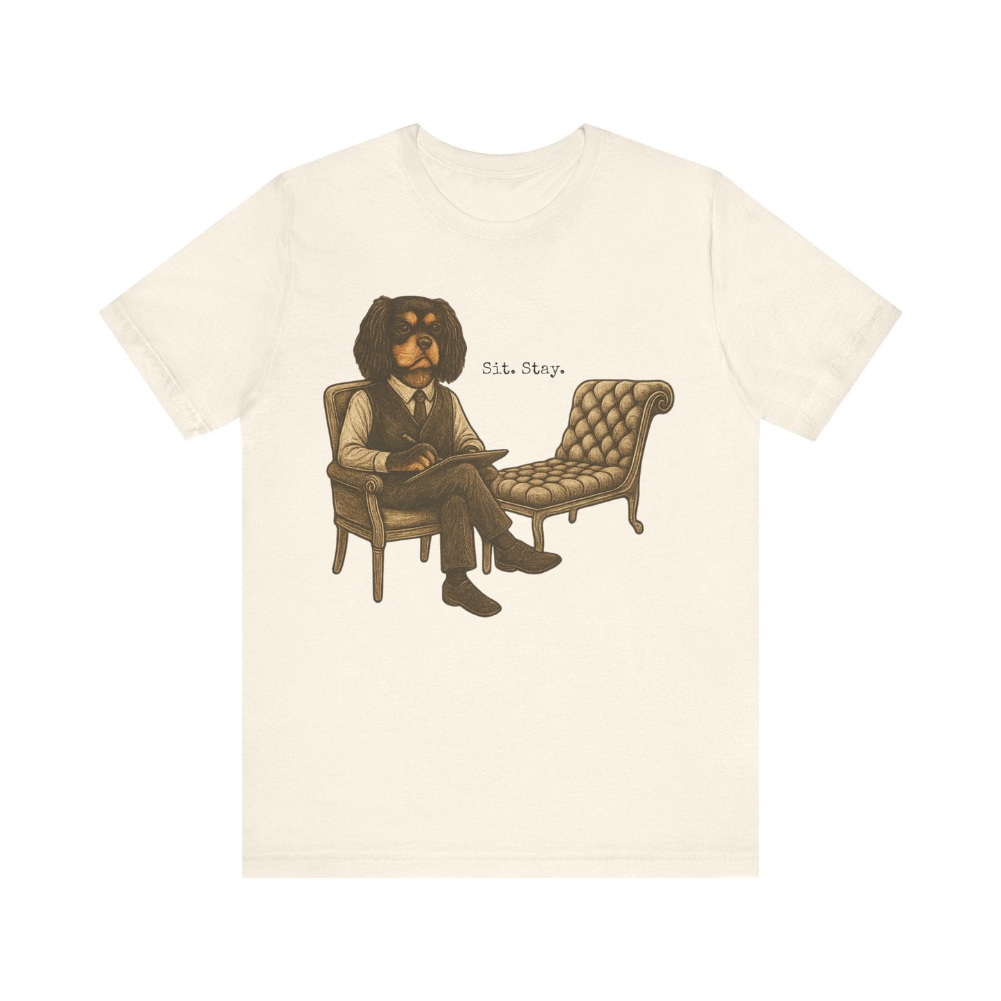 Printify T-Shirt Black Tan King Charles Sit Stay TShirt