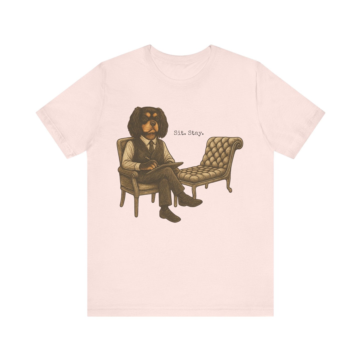 Printify T-Shirt Black Tan King Charles Sit Stay TShirt