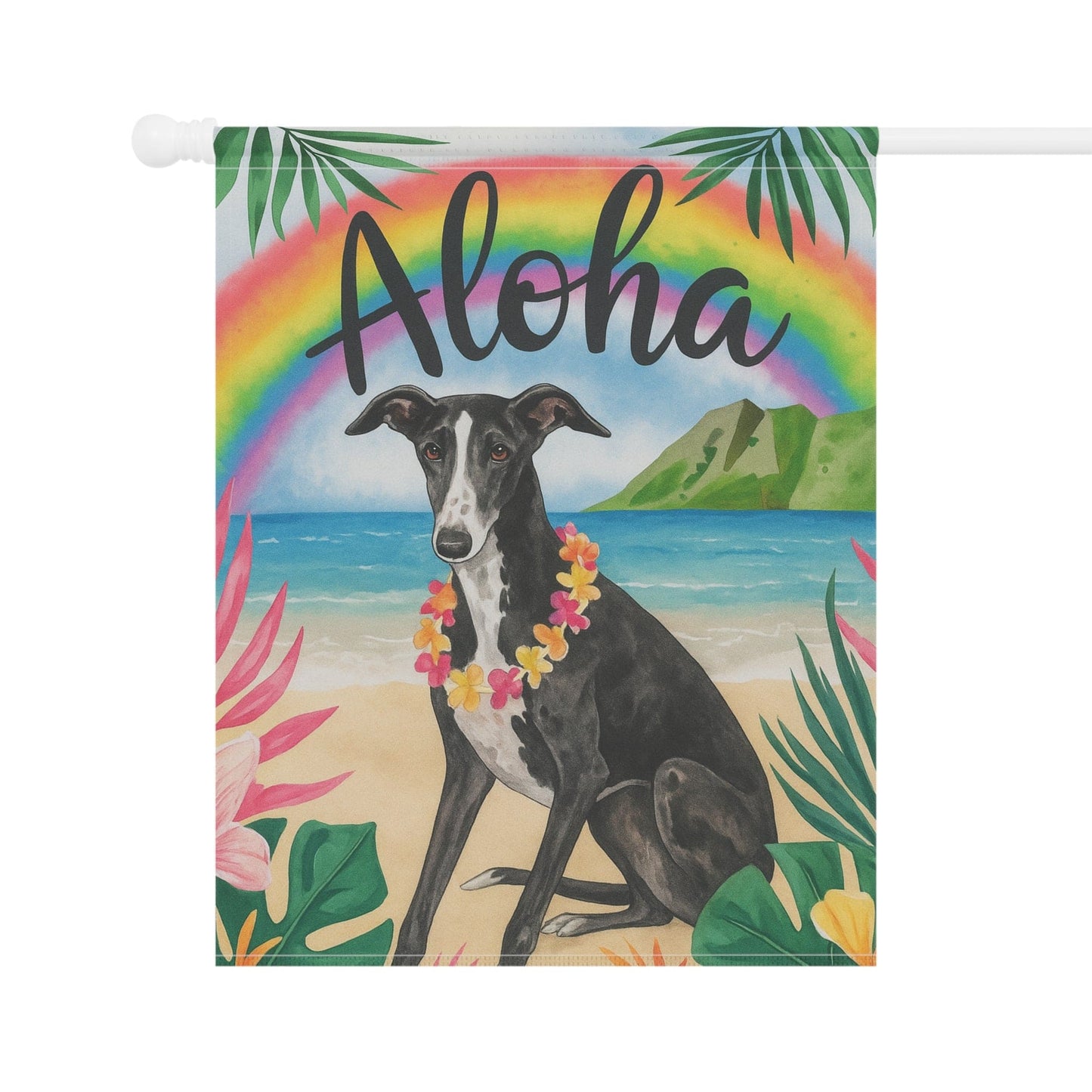 Printify Garden Flag Black White Greyhound Dog Aloha Luau Garden Flag
