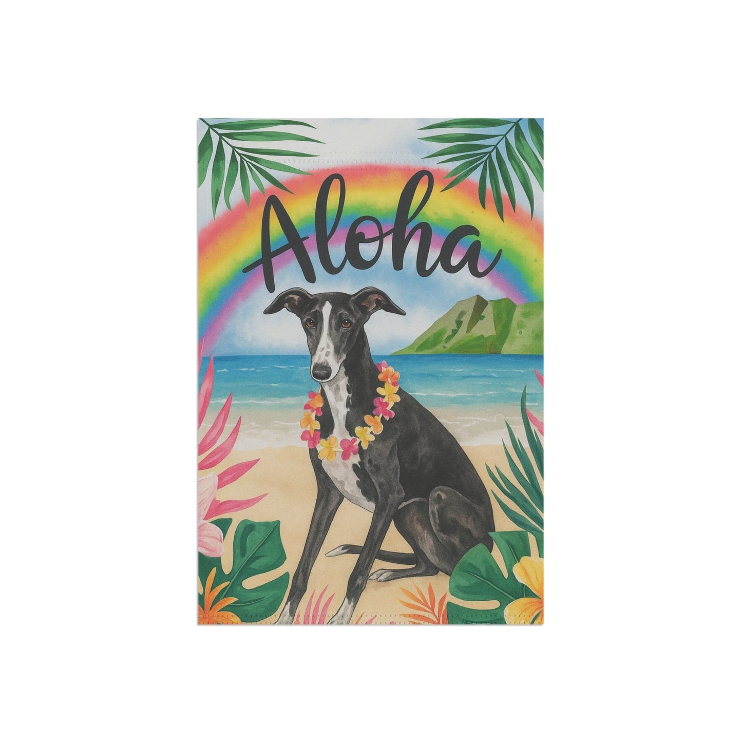 Printify Garden Flag Black White Greyhound Dog Aloha Luau Garden Flag