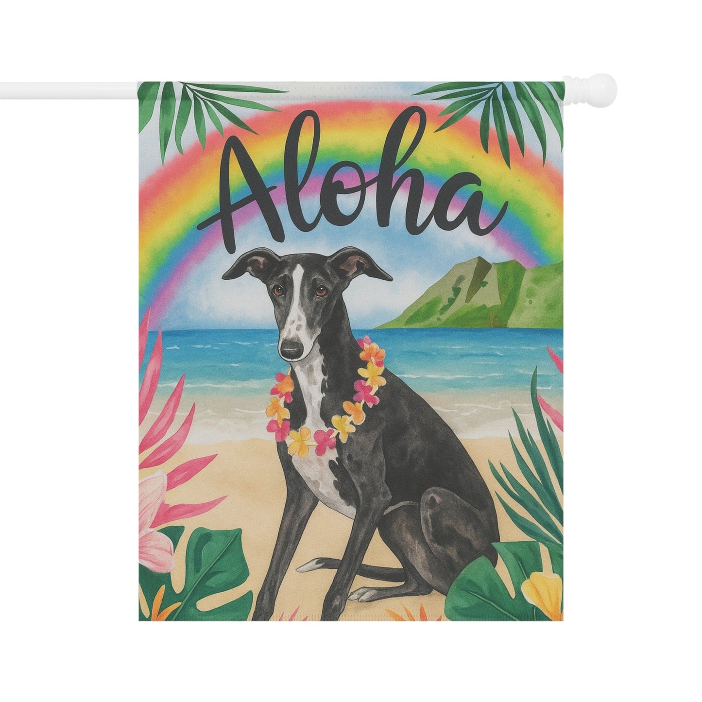 Printify Garden Flag Black White Greyhound Dog Aloha Luau Garden Flag